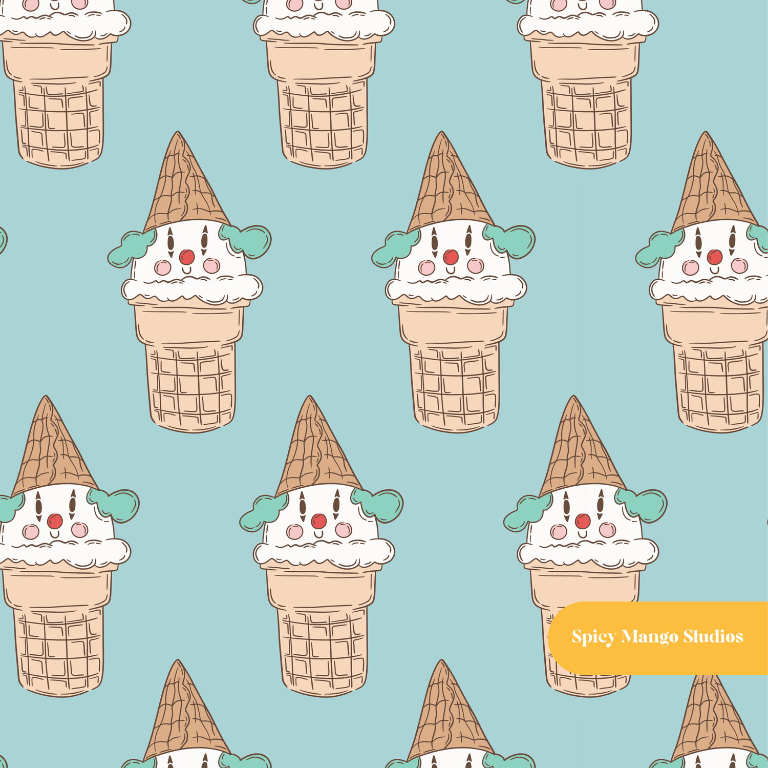 Dusty Blue Ice Cream Clown Seamless Pattern – Digital Download