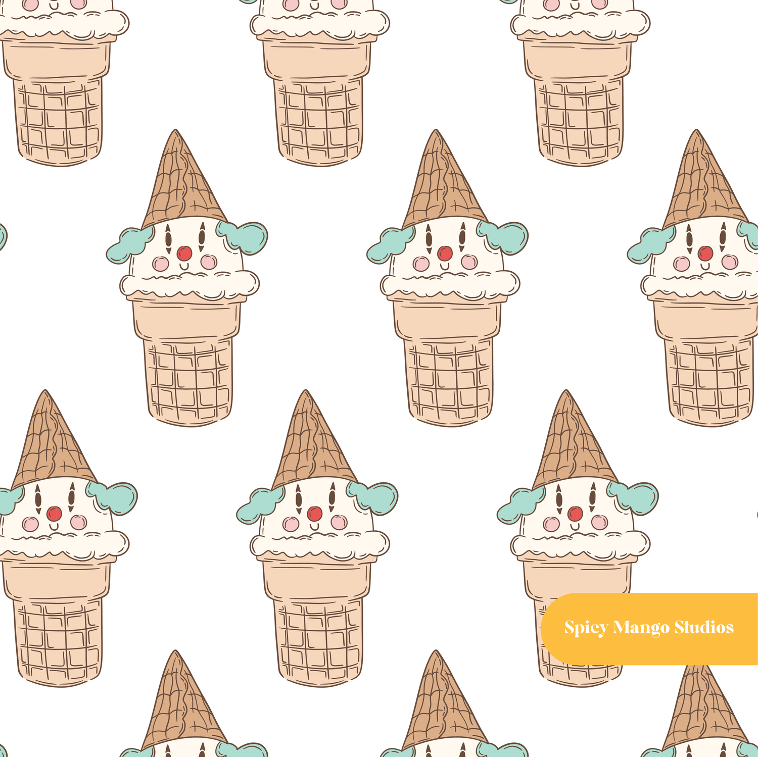 White Ice Cream Clown Seamless Pattern – Circus Birthday Party Digital Download