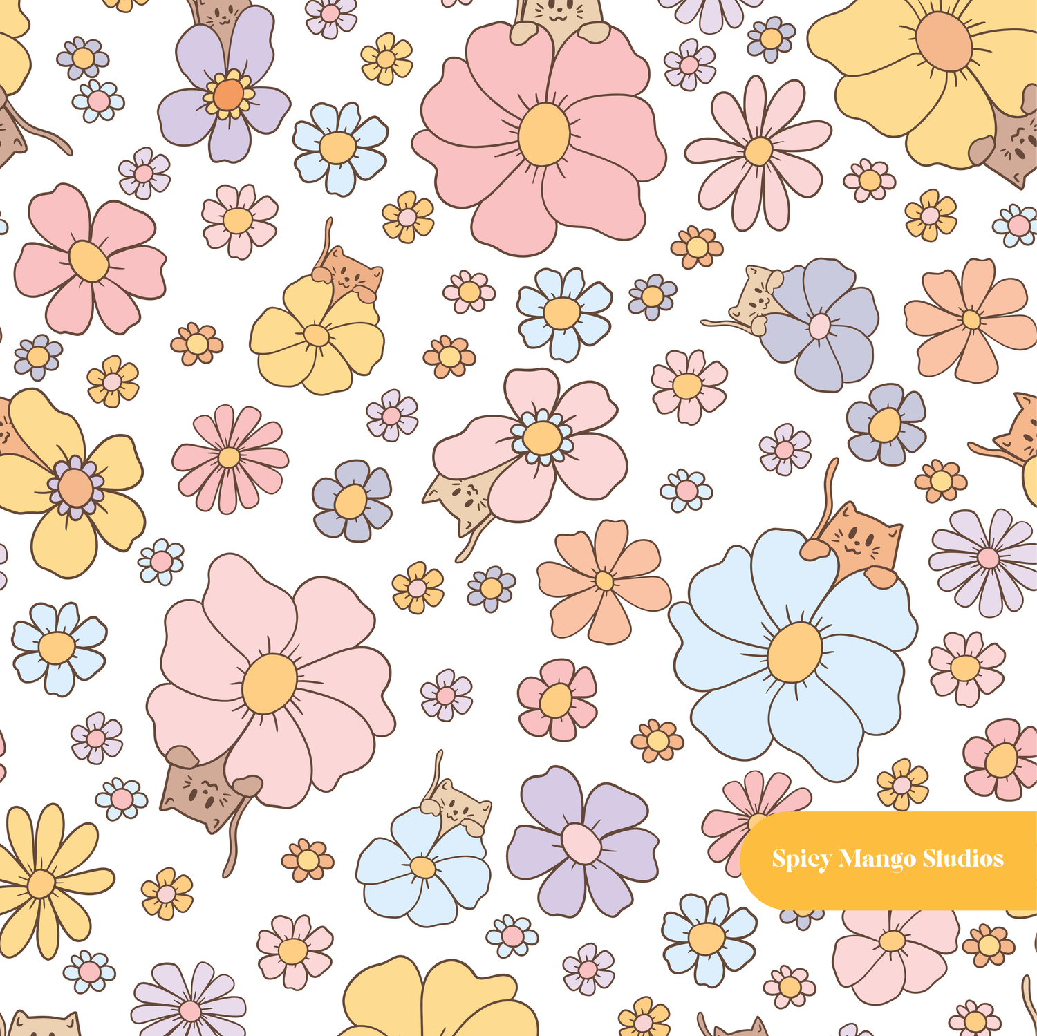 White Kitty Floral Seamless Pattern