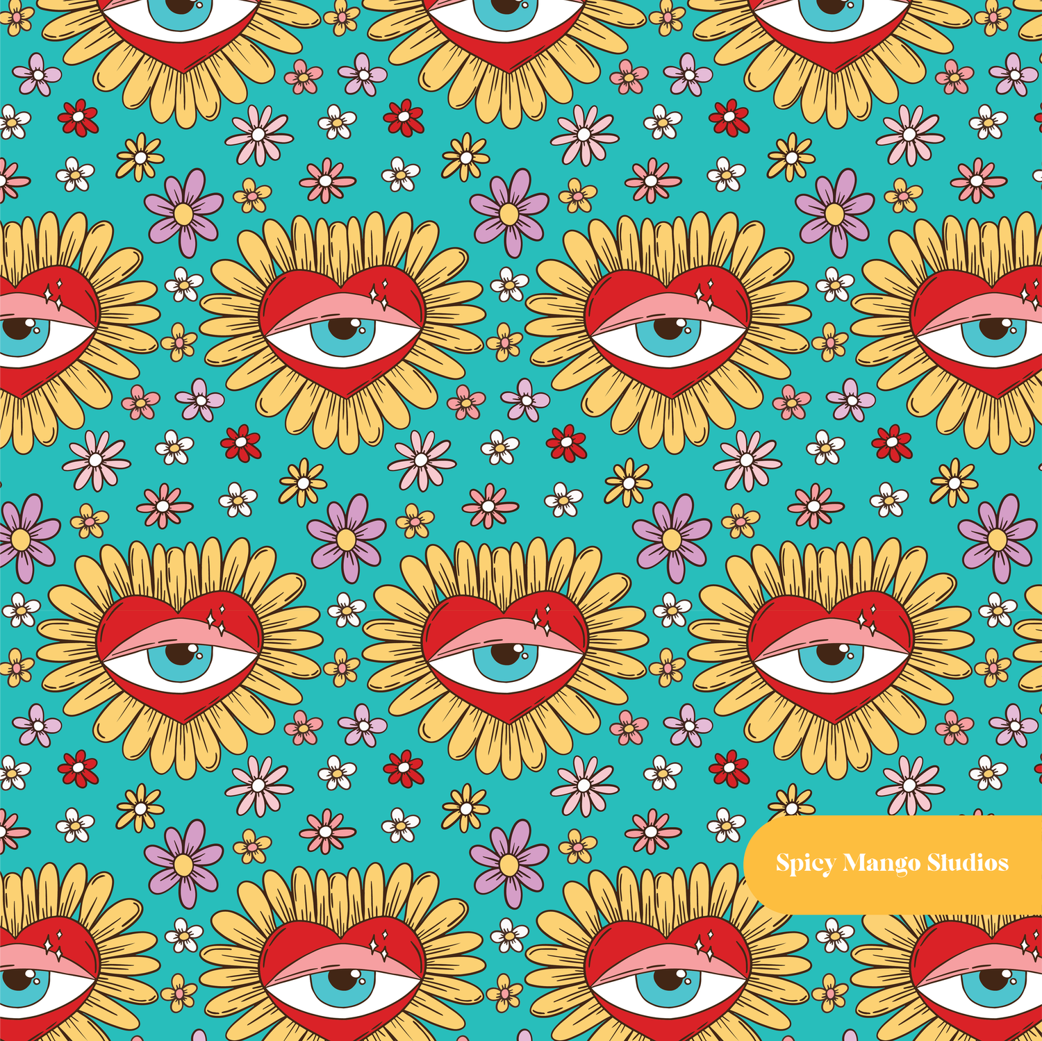 Aqua Lucky Hearts Evil Eye Seamless Pattern