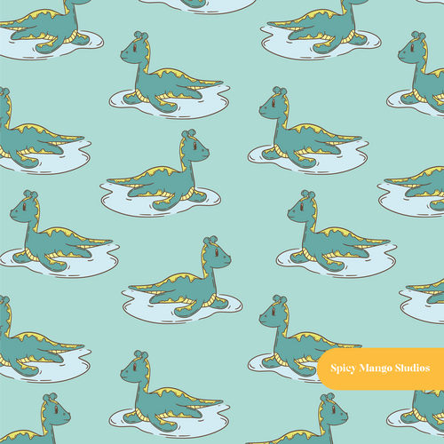 Aqua Lochness Monster Seamless Pattern