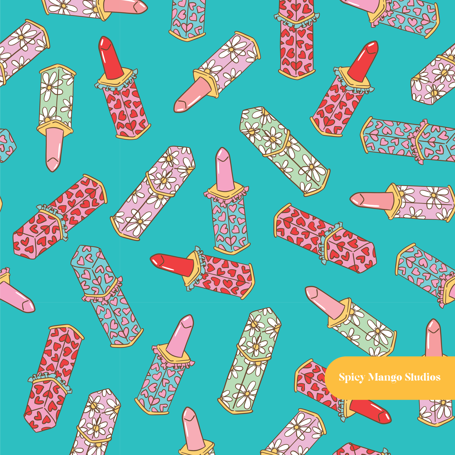 Turquoise Lucky Lipstick Seamless Pattern