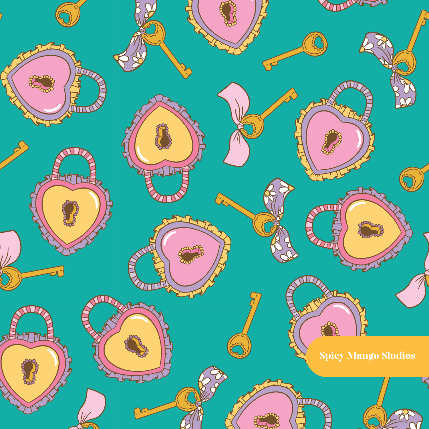 Teal Love Locket Seamless Pattern