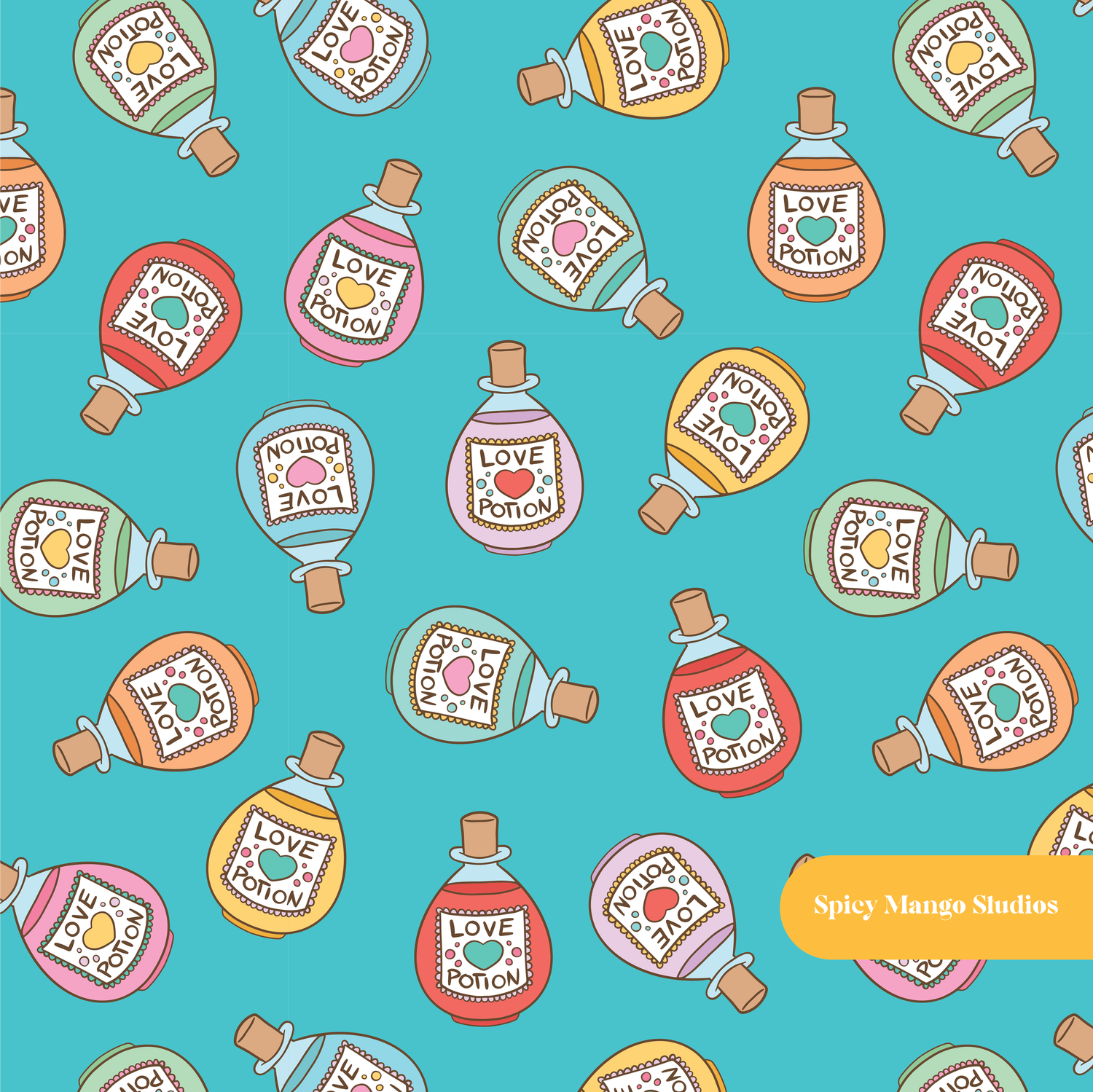Teal Love Spell Seamless Pattern