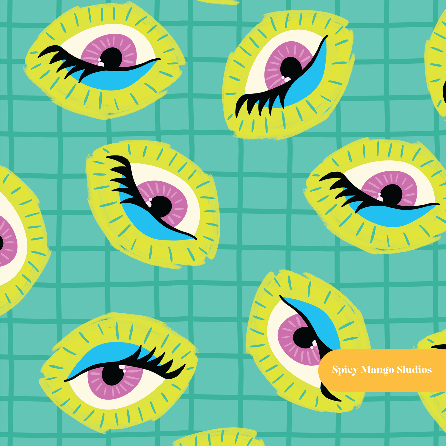 Neon Evil Eye Gingham Seamless Pattern