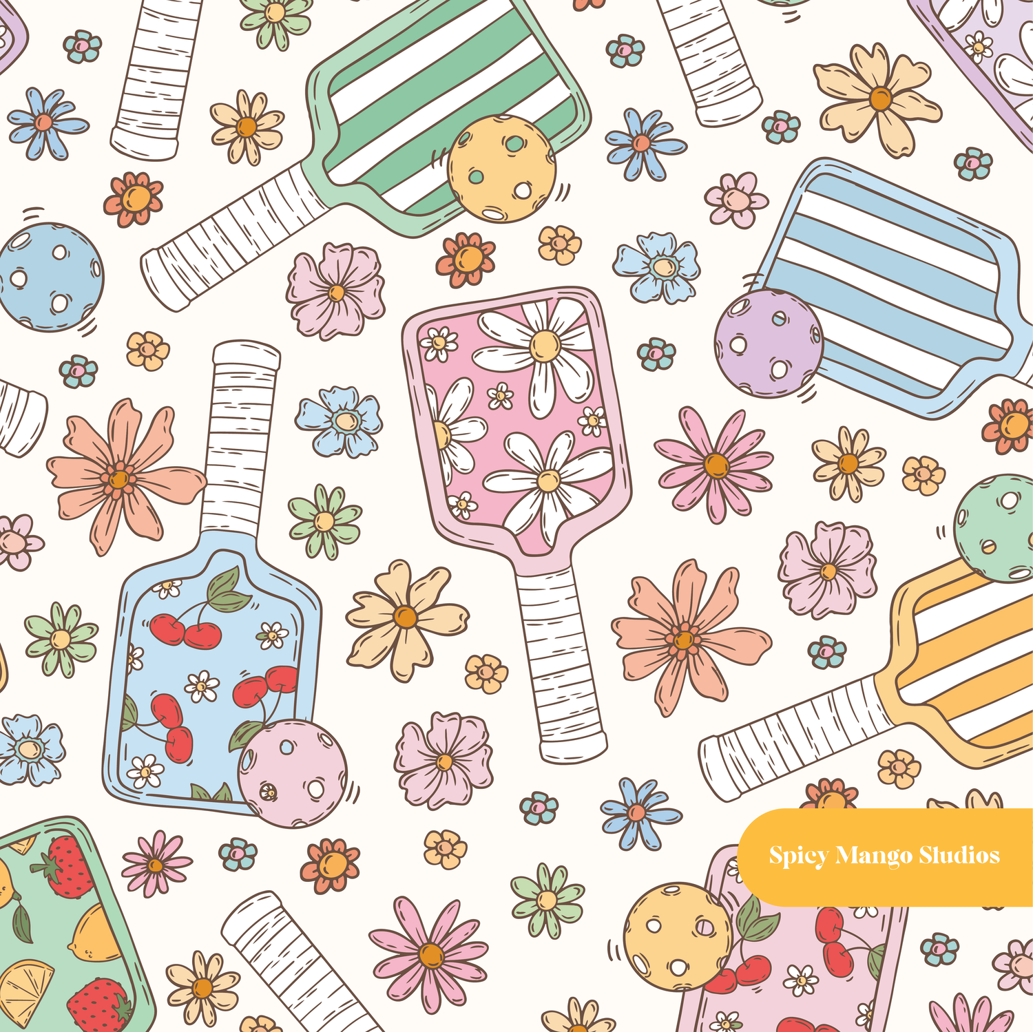 Neutral Pickle Ball Floral Seamless Pattern – Digital Download