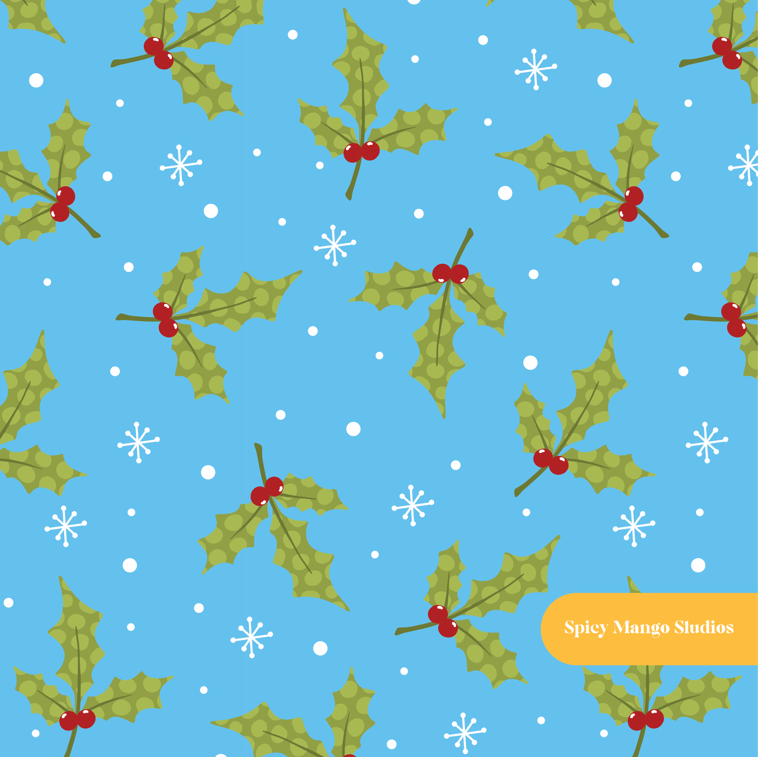 Blue Polka Dot Holly Seamless Pattern – Digital Download