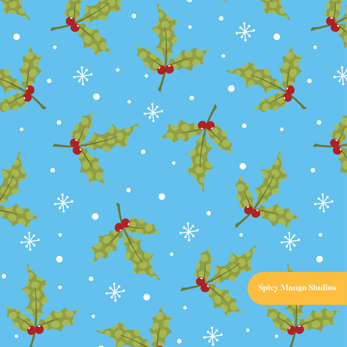 Blue Polka Dot Holly Seamless Pattern – Digital Download