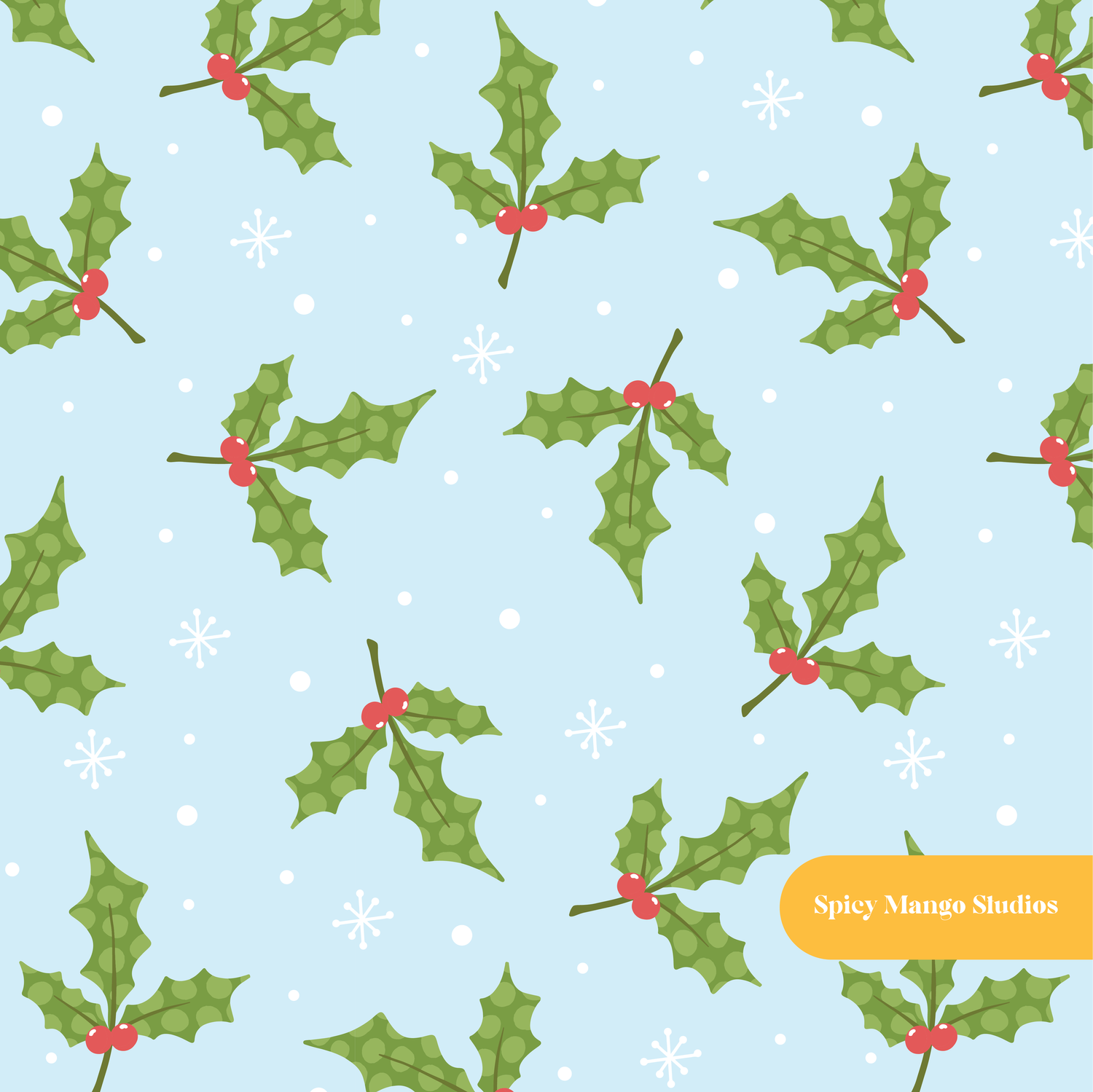Light Blue Polka Dot Holly Seamless Pattern – Digital Download