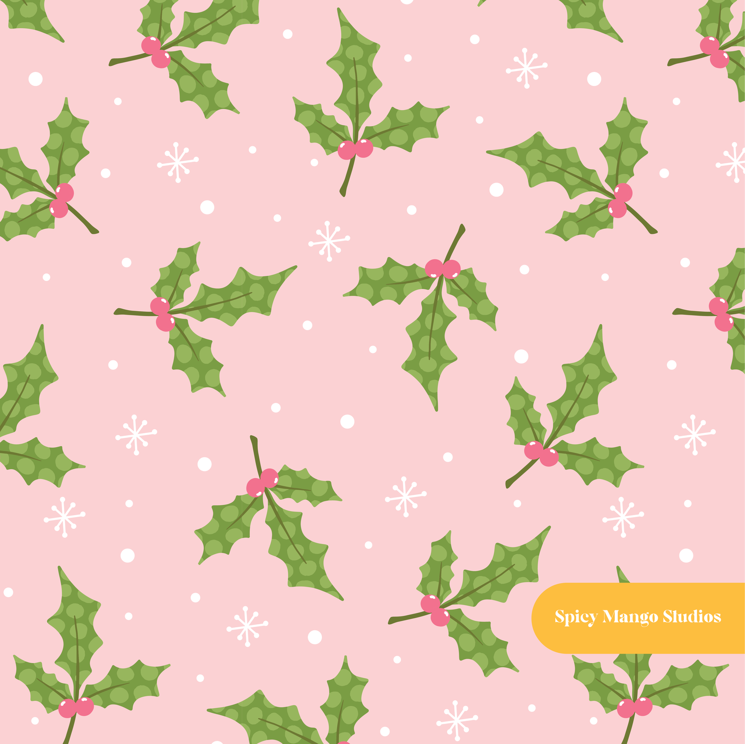 Pink Polka Dot Holly Seamless Pattern – Digital Download