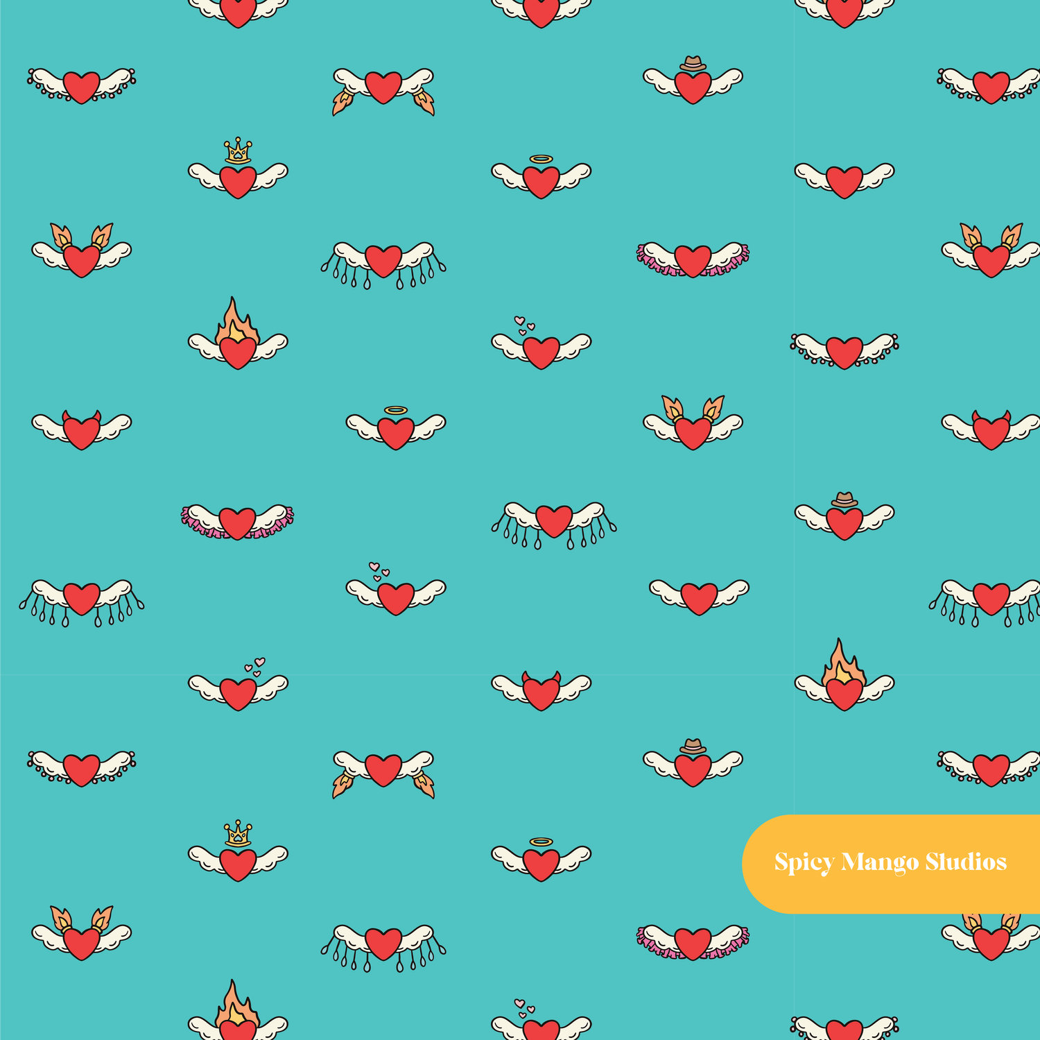 Teal Pop Hearts Seamless Pattern