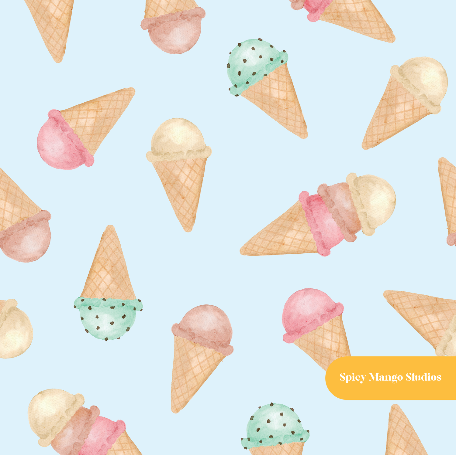 Light Blue Pastel Watercolor Ice Cream Seamless Pattern – Digital Download