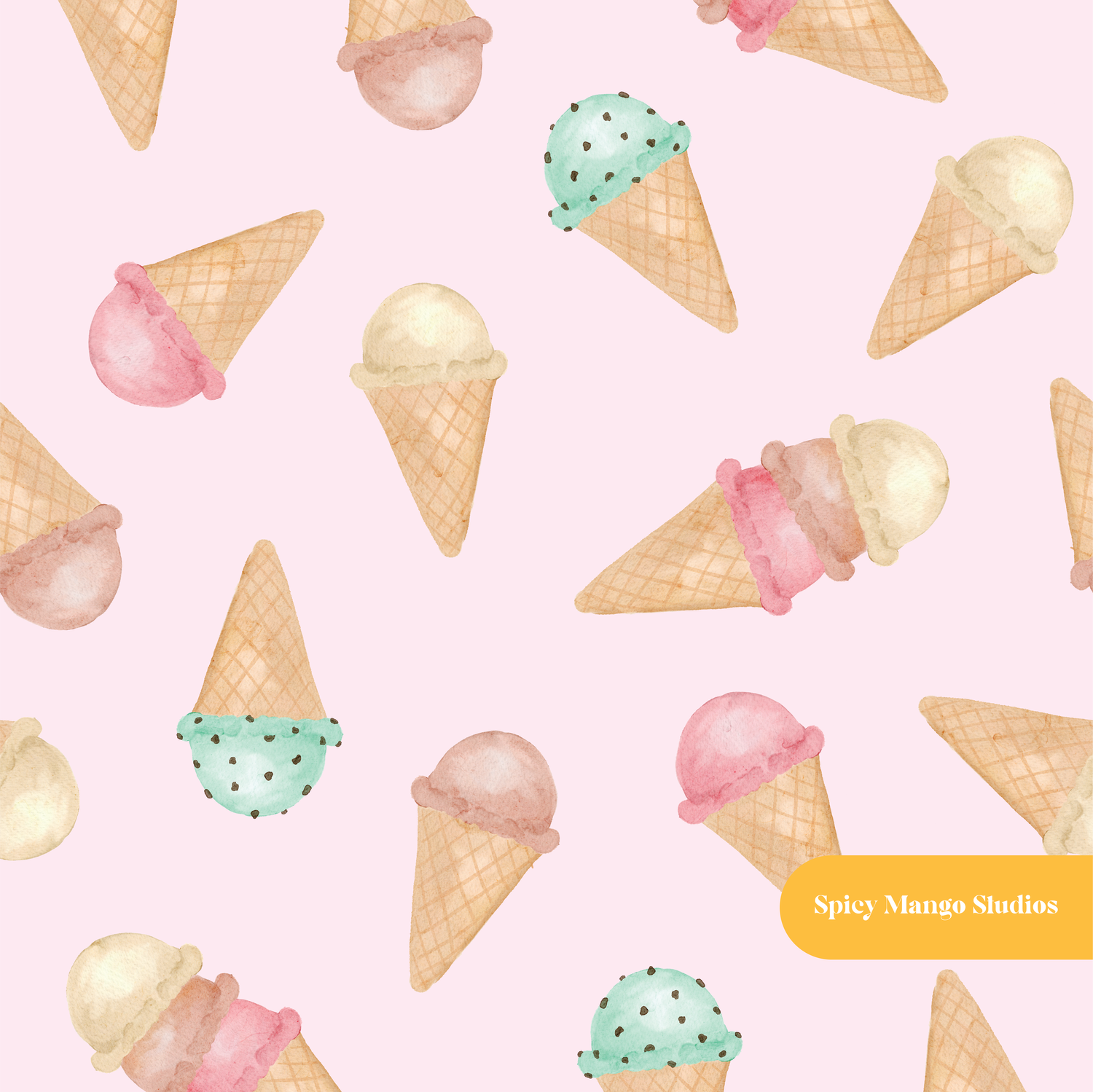 Pink Pastel Watercolor Ice Cream Seamless Pattern – Digital Download