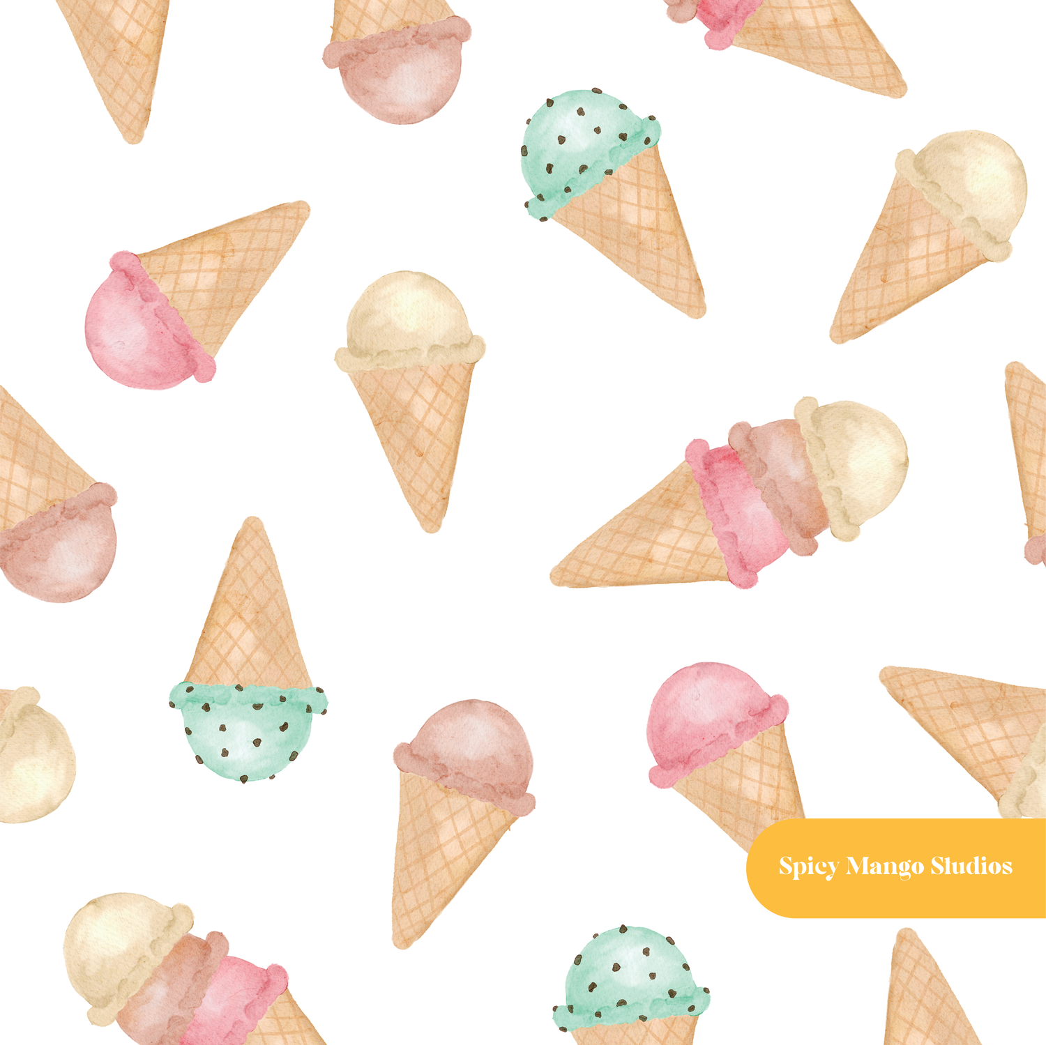 White Pastel Watercolor Ice Cream Seamless Pattern – Digital Download