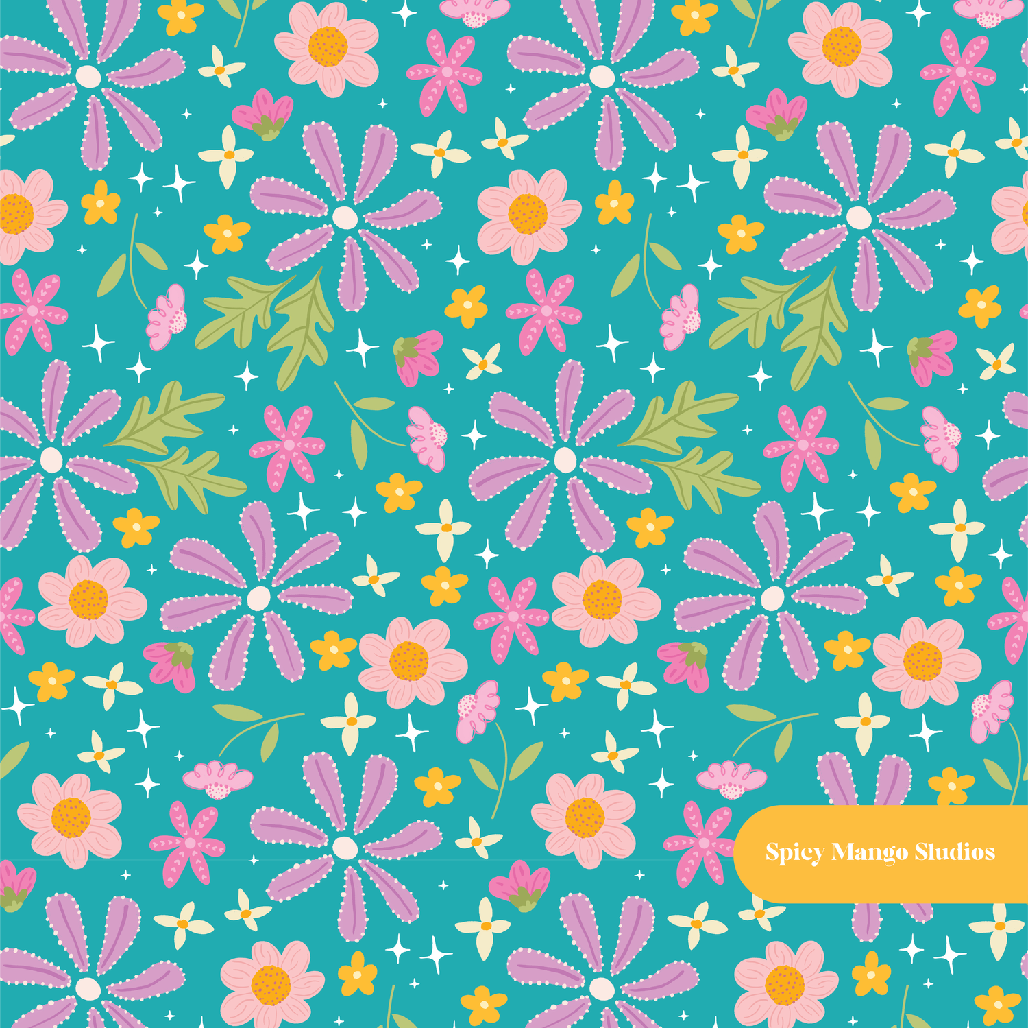 Aqua Piper Floral Seamless Pattern