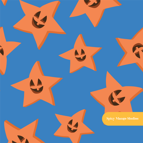 Blue Pumpkin Stars Seamless Pattern