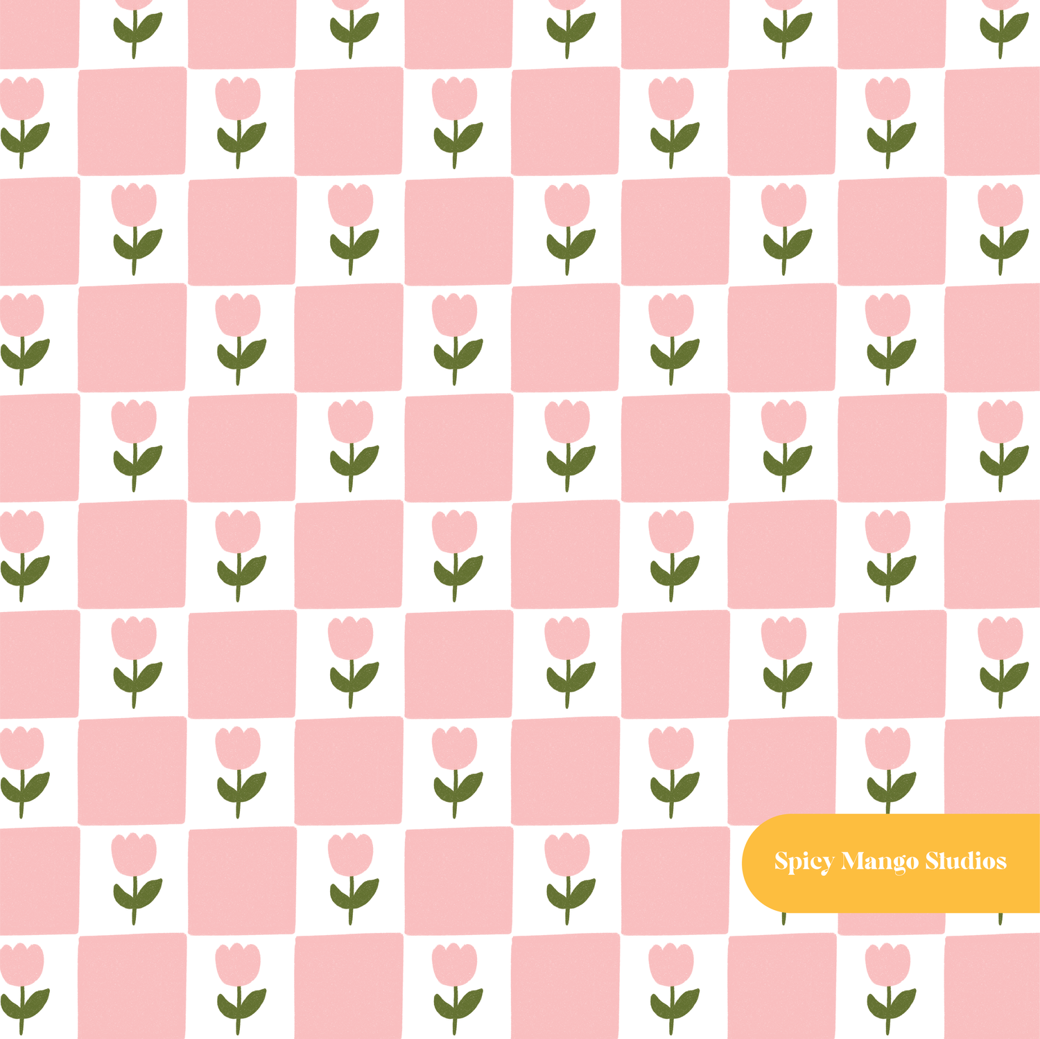 Pink Tulip Checker Seamless Pattern