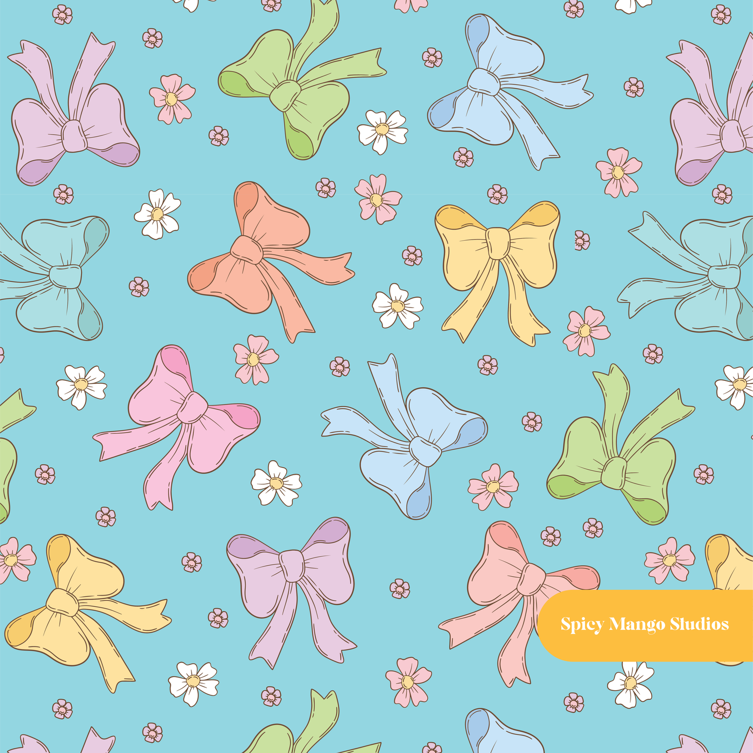 Aqua Retro Bow Floral Seamless Pattern