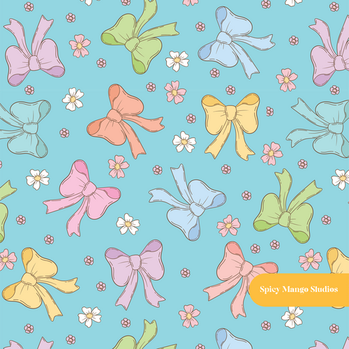 Aqua Retro Bow Floral Seamless Pattern