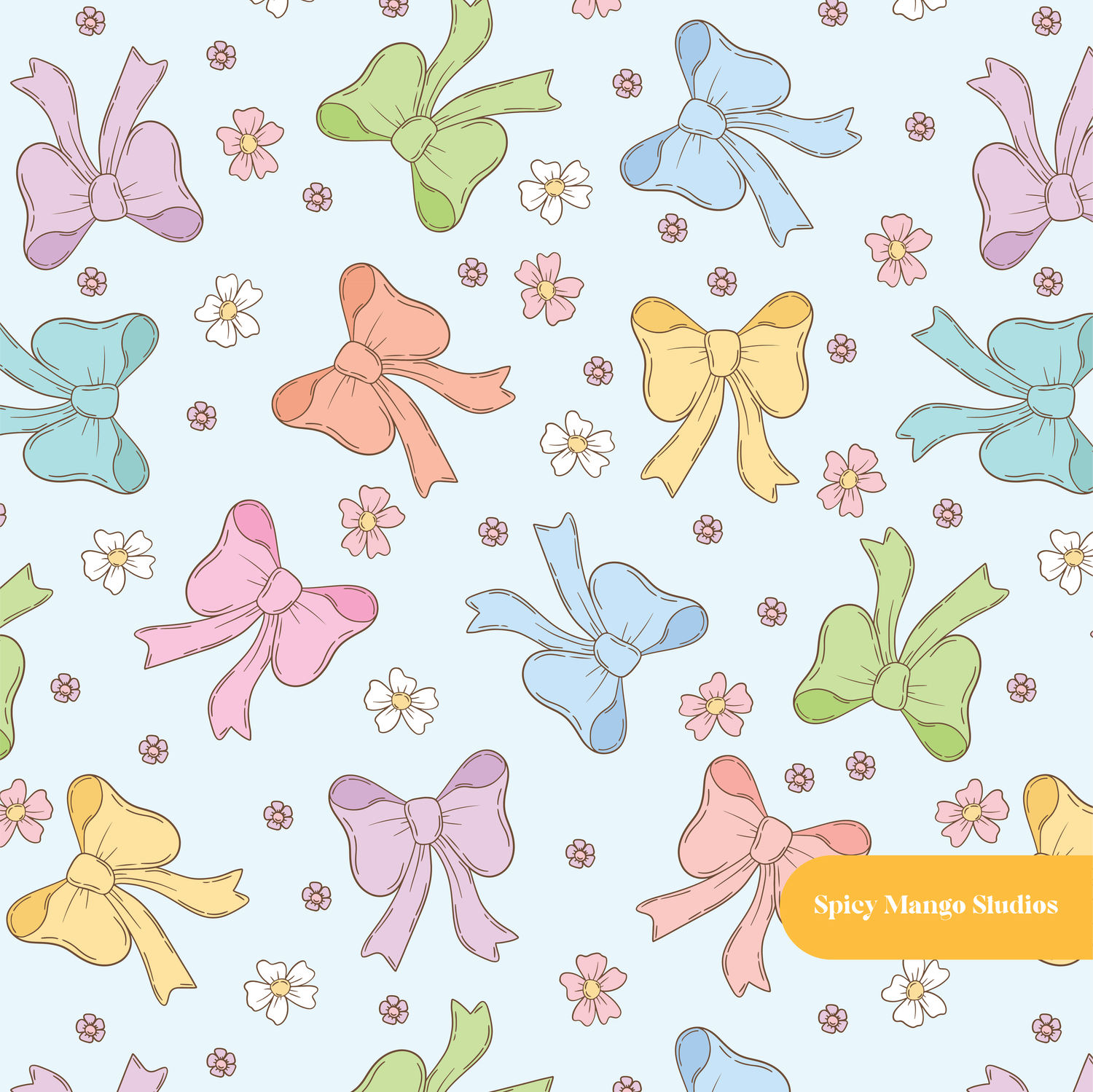 Light Blue Retro Bow Floral Seamless Pattern