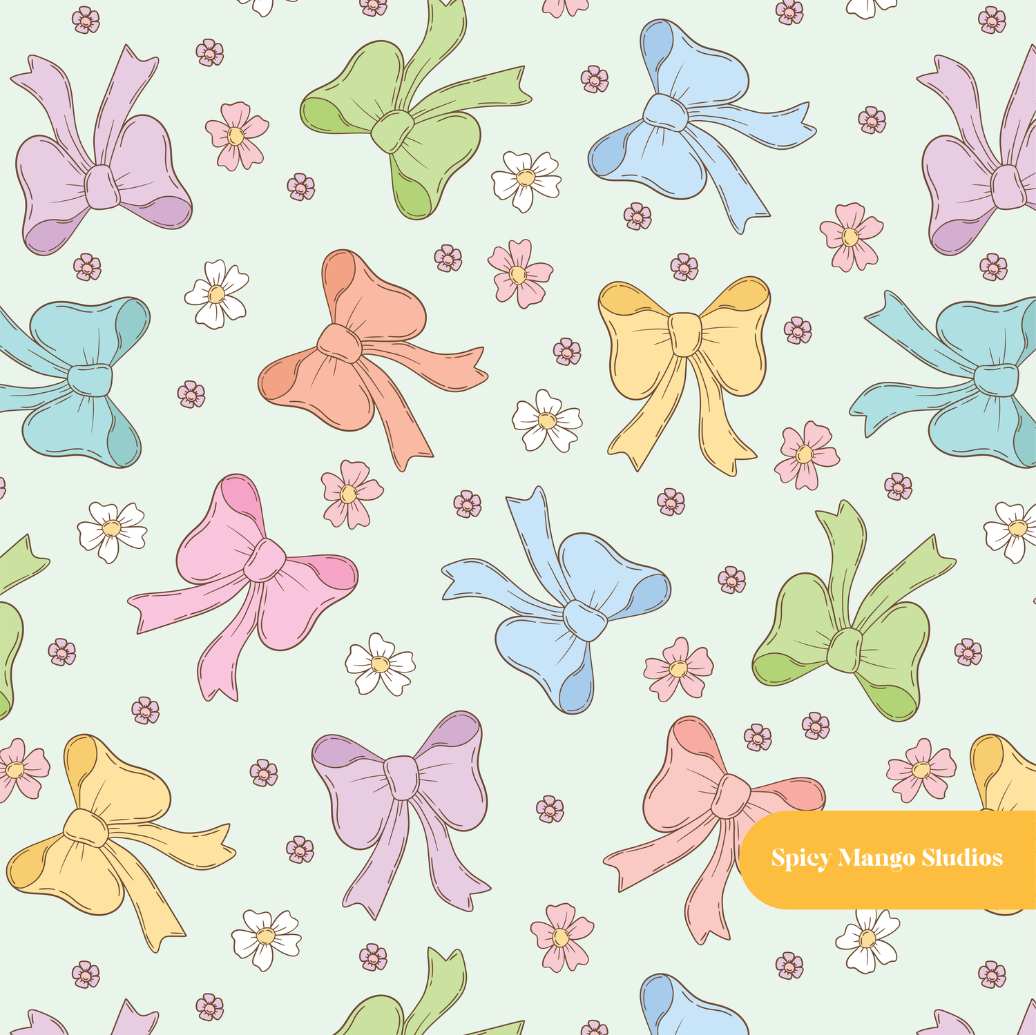 Mint Retro Bow Floral Seamless Pattern