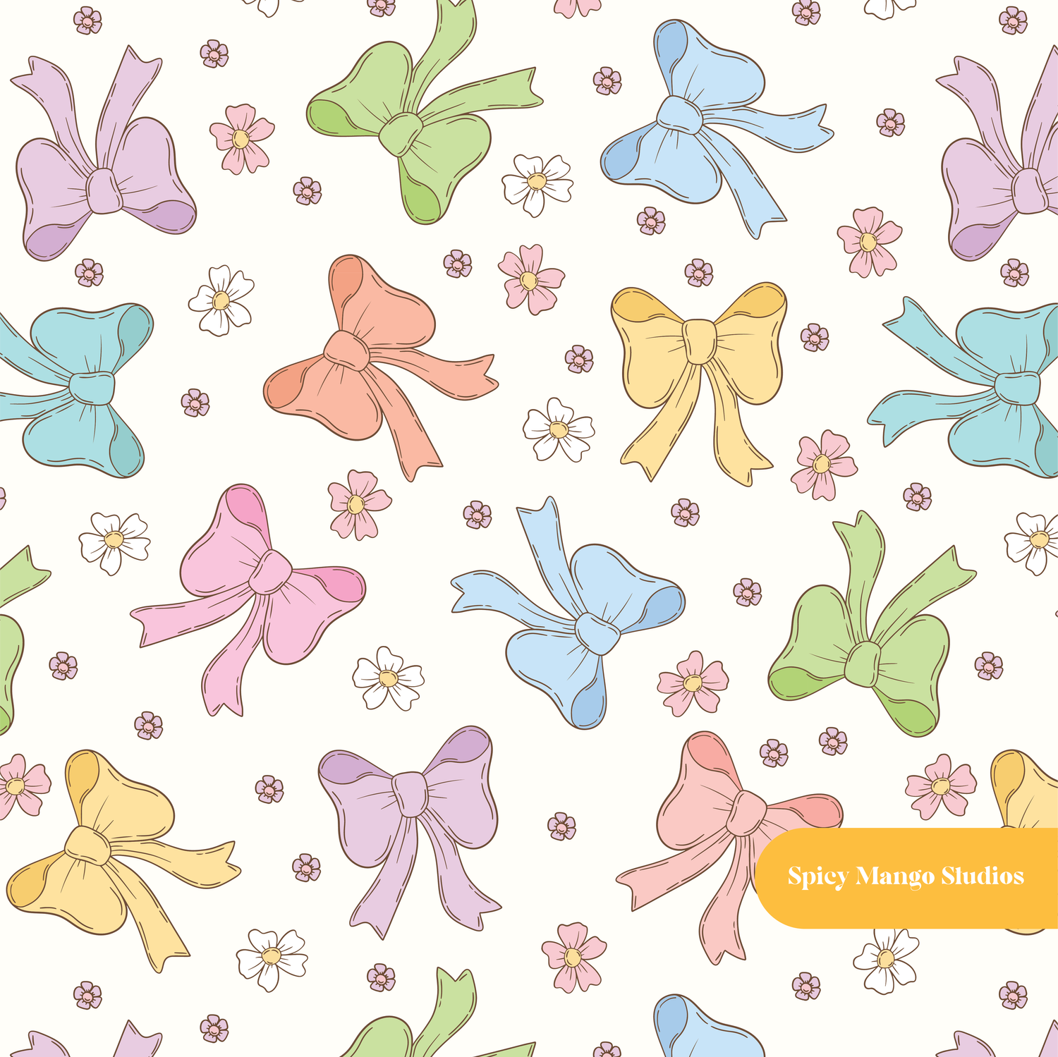 Off White Retro Bow Floral Seamless Pattern