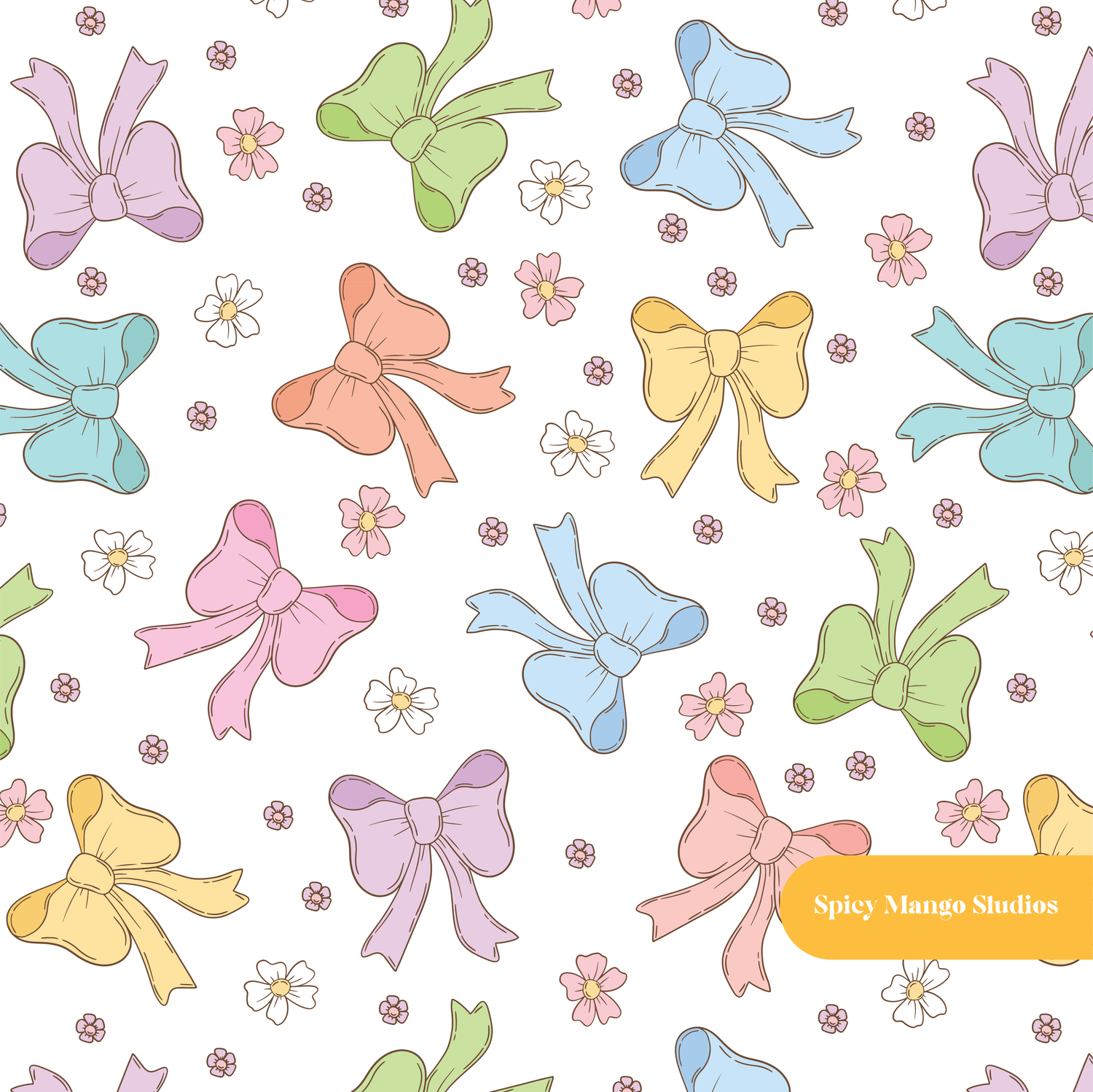 White Retro Bow Floral Seamless Pattern