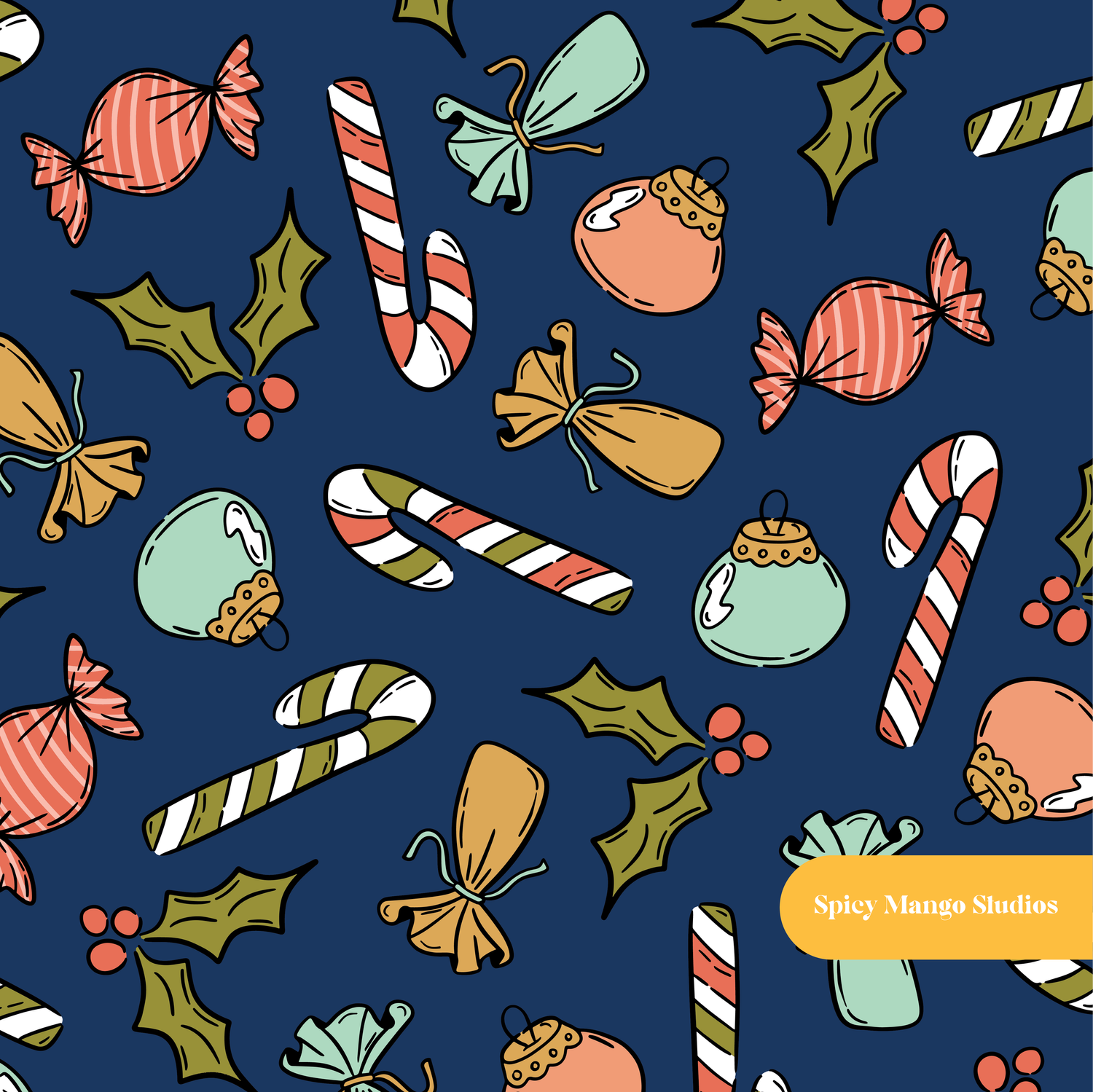 Navy Retro Christmas Trees Seamless Pattern