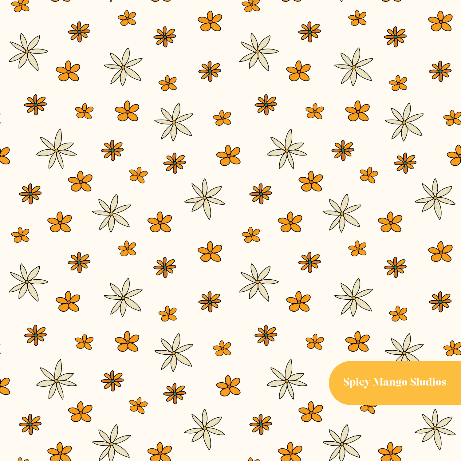 Neutral Retro Ditsy Floral Seamless Pattern