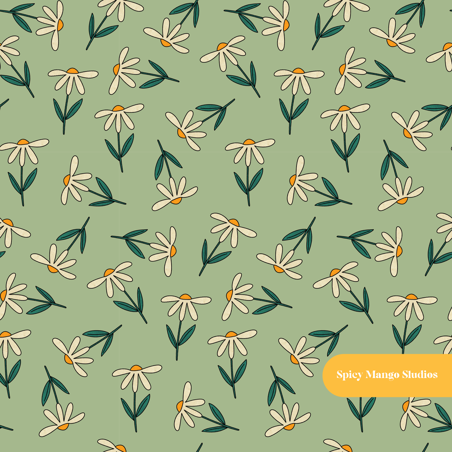 Green Retro Daisy Seamless Pattern