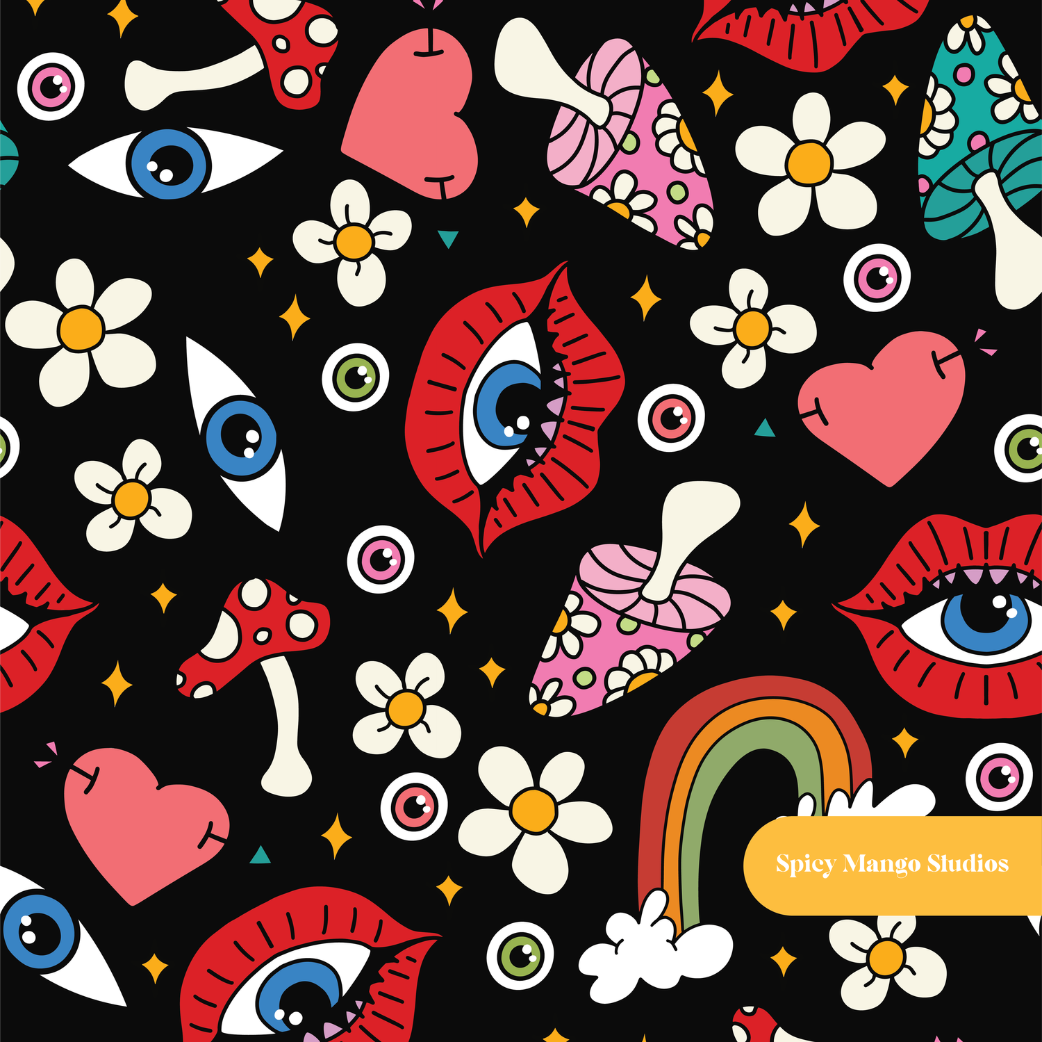 Black Retro Evil Eye Seamless Pattern