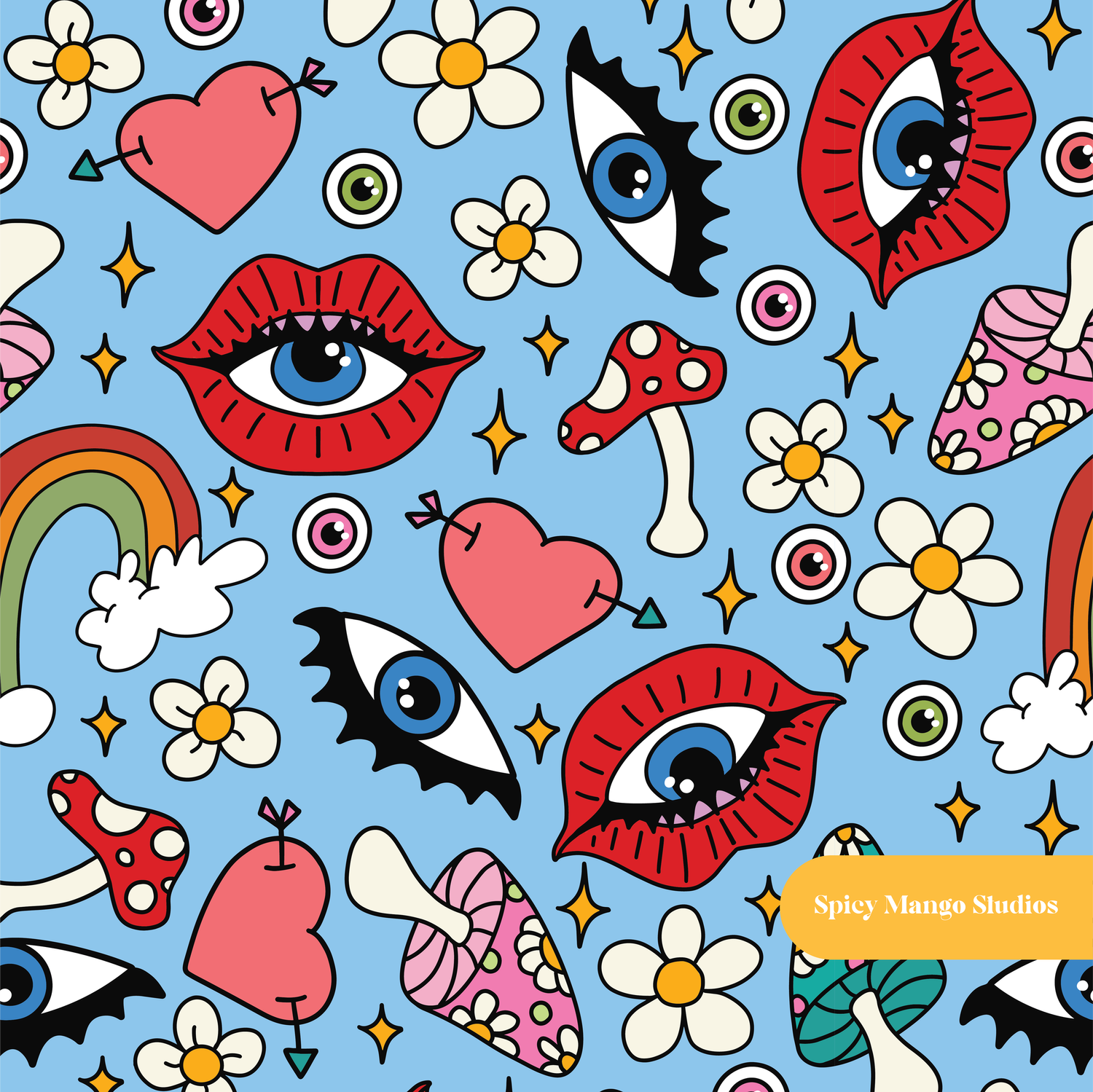 Light Blue Retro Evil Eye Seamless Pattern