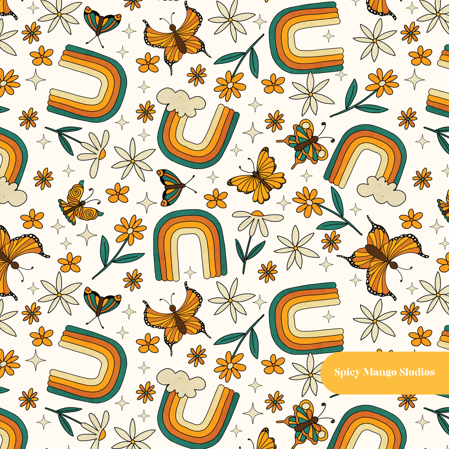 Neutral Retro Floral Seamless Pattern