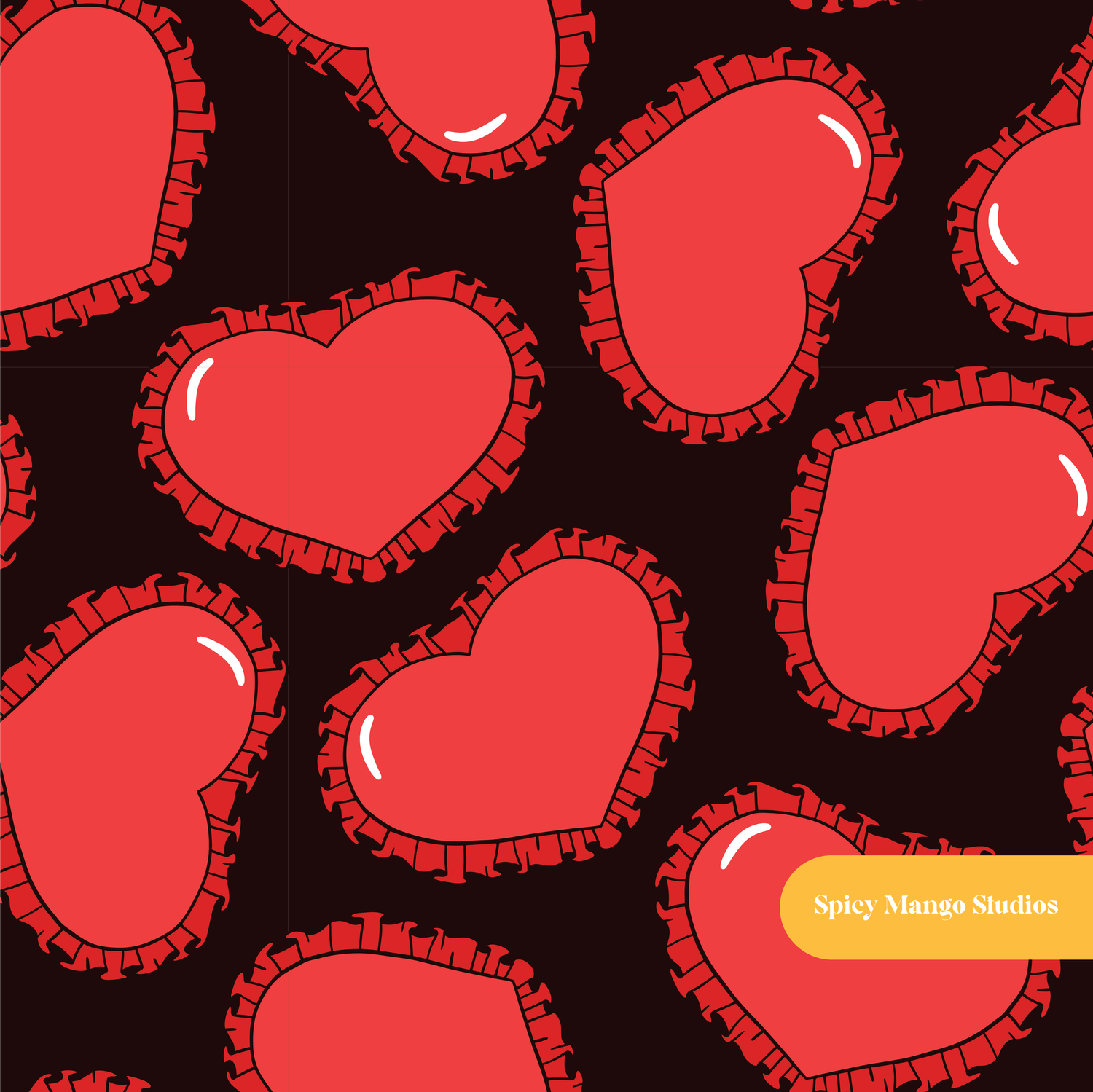 Black Ruffled Hearts Seamless Pattern