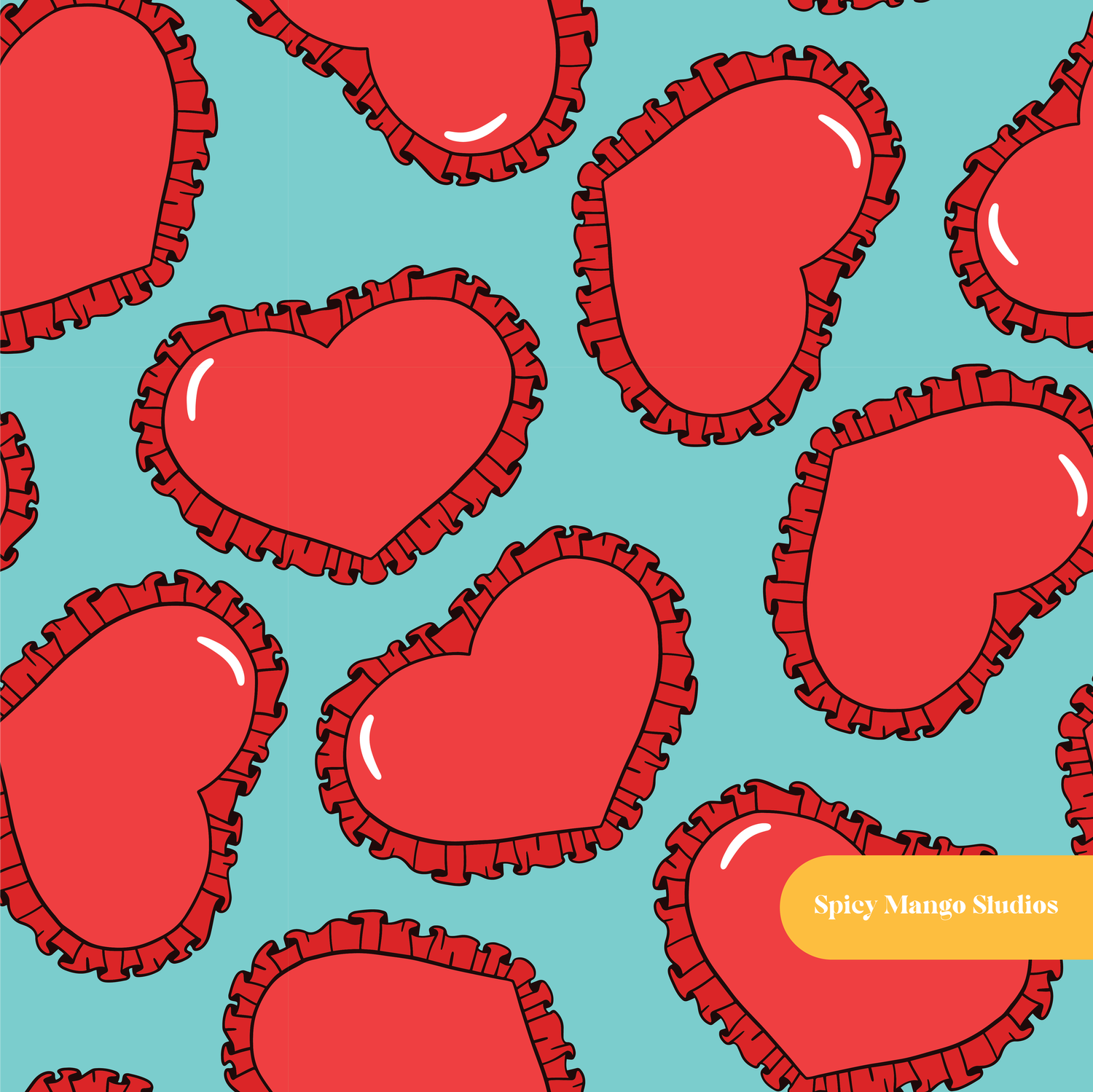 Teal Ruffled Hearts Seamless Pattern