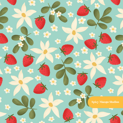 Aqua Strawberry Fields Floral Seamless Pattern