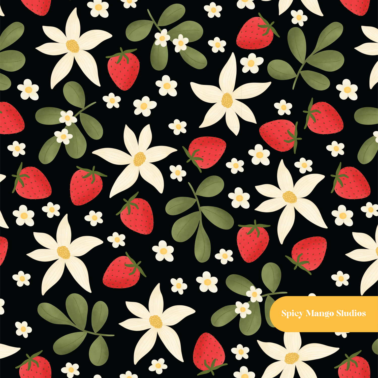 Black Strawberry Fields Floral Seamless Pattern
