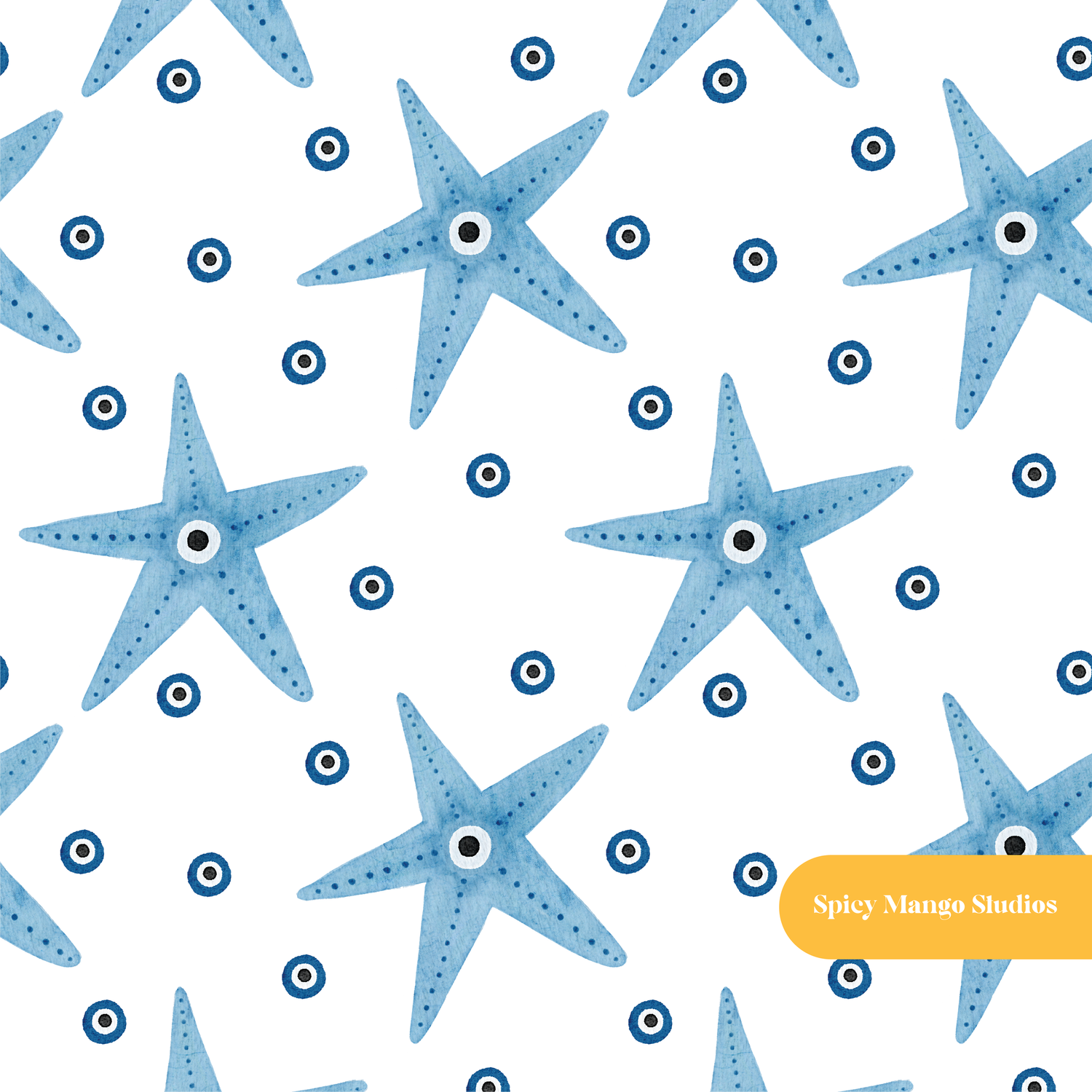 Blue Starfish Evil Eye Seamless Pattern
