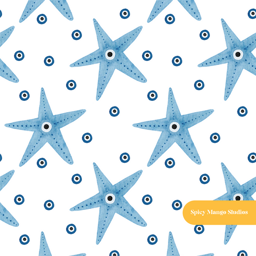 Blue Starfish Evil Eye Seamless Pattern