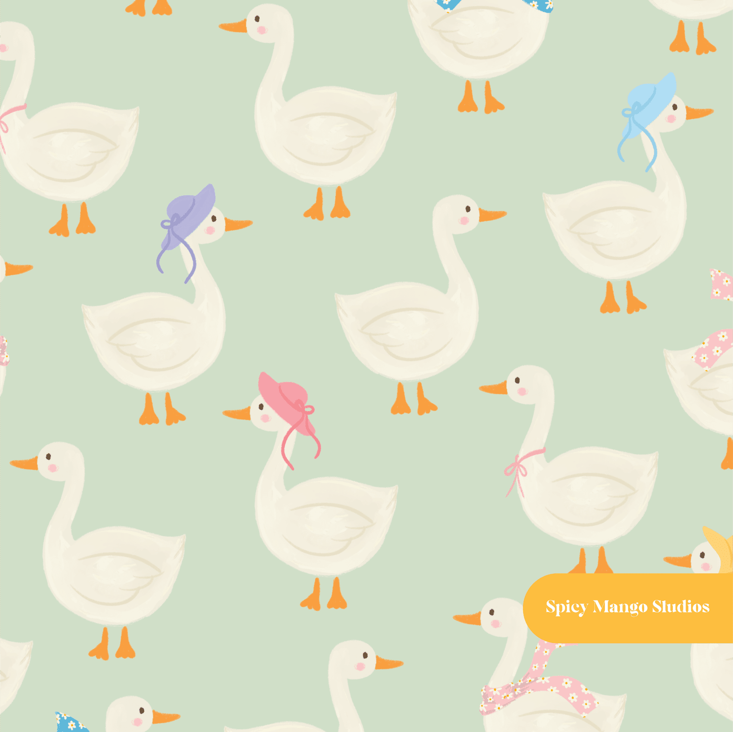 Green Spring Goose Seamless Pattern