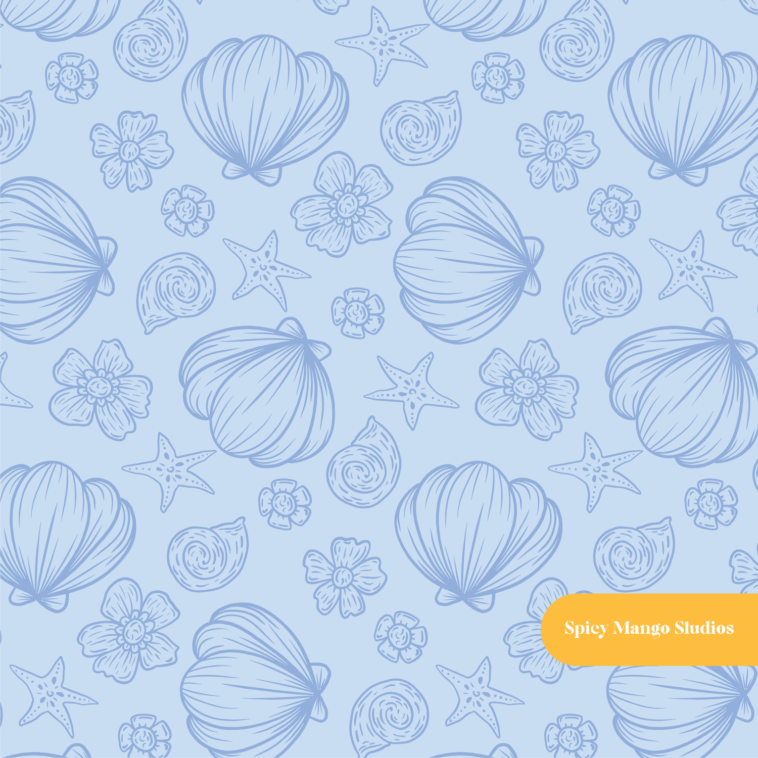 Ocean Blue Seashell Floral Seamless Pattern