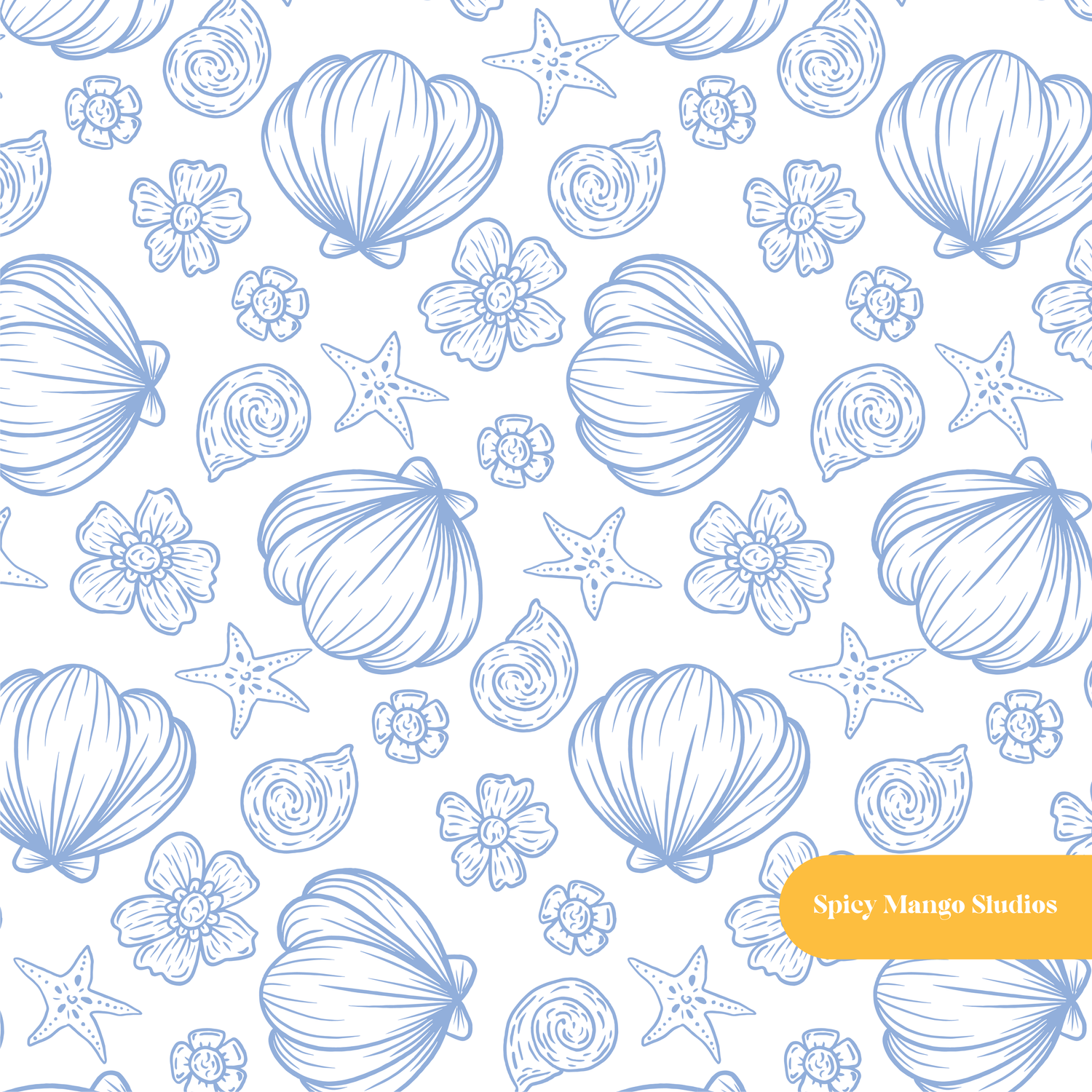 Blue Seashell Floral Seamless Pattern