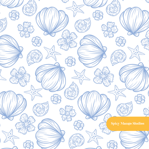Blue Seashell Floral Seamless Pattern