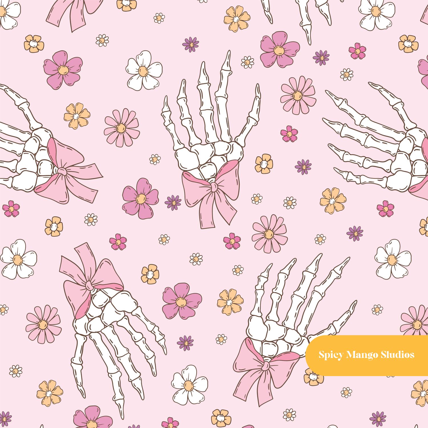 Pink Skeleton Floral Seamless Pattern