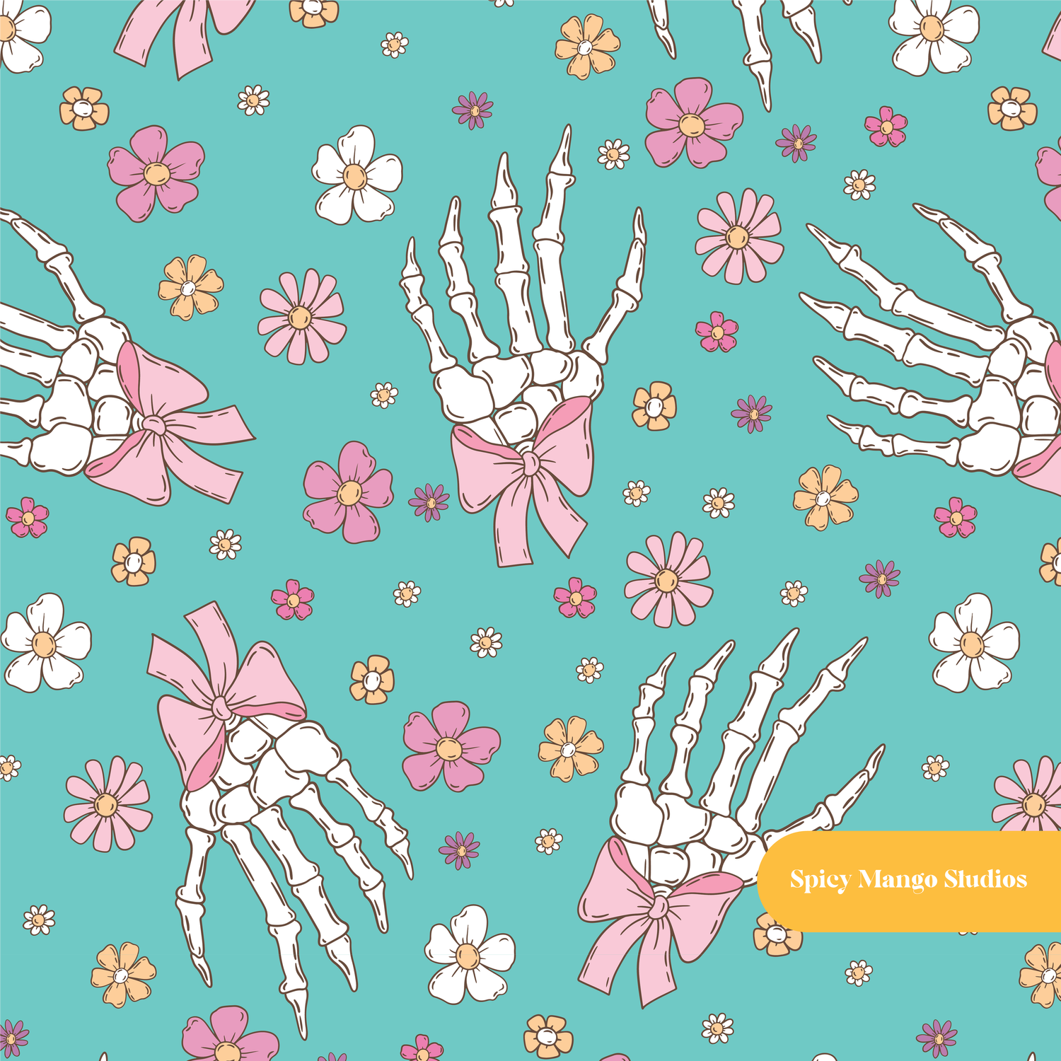Teal Skeleton Floral Seamless Pattern