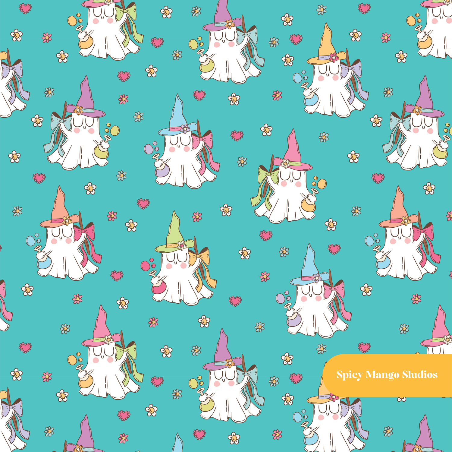 Aqua Spooky Witch Seamless Pattern