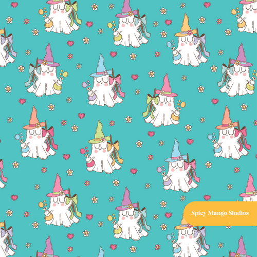 Aqua Spooky Witch Seamless Pattern