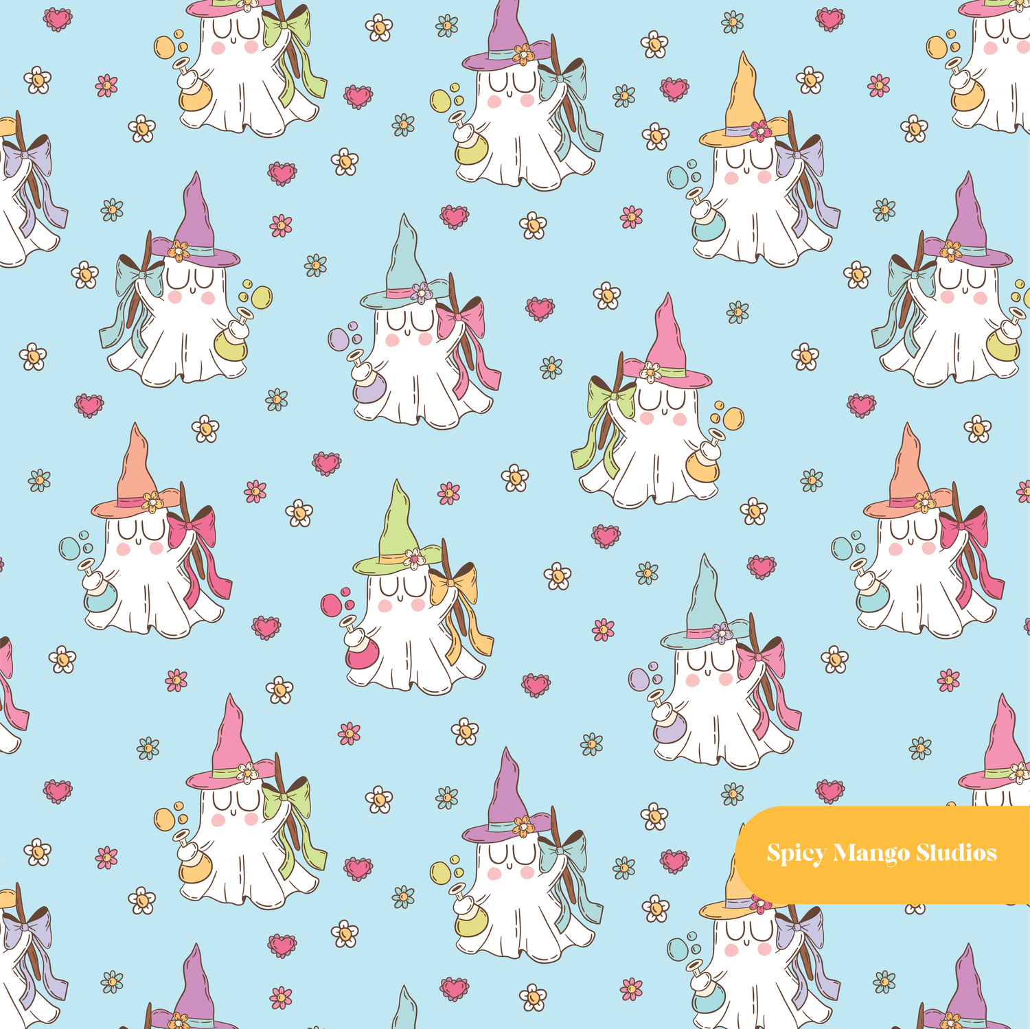Light Blue Spooky Witch Seamless Pattern