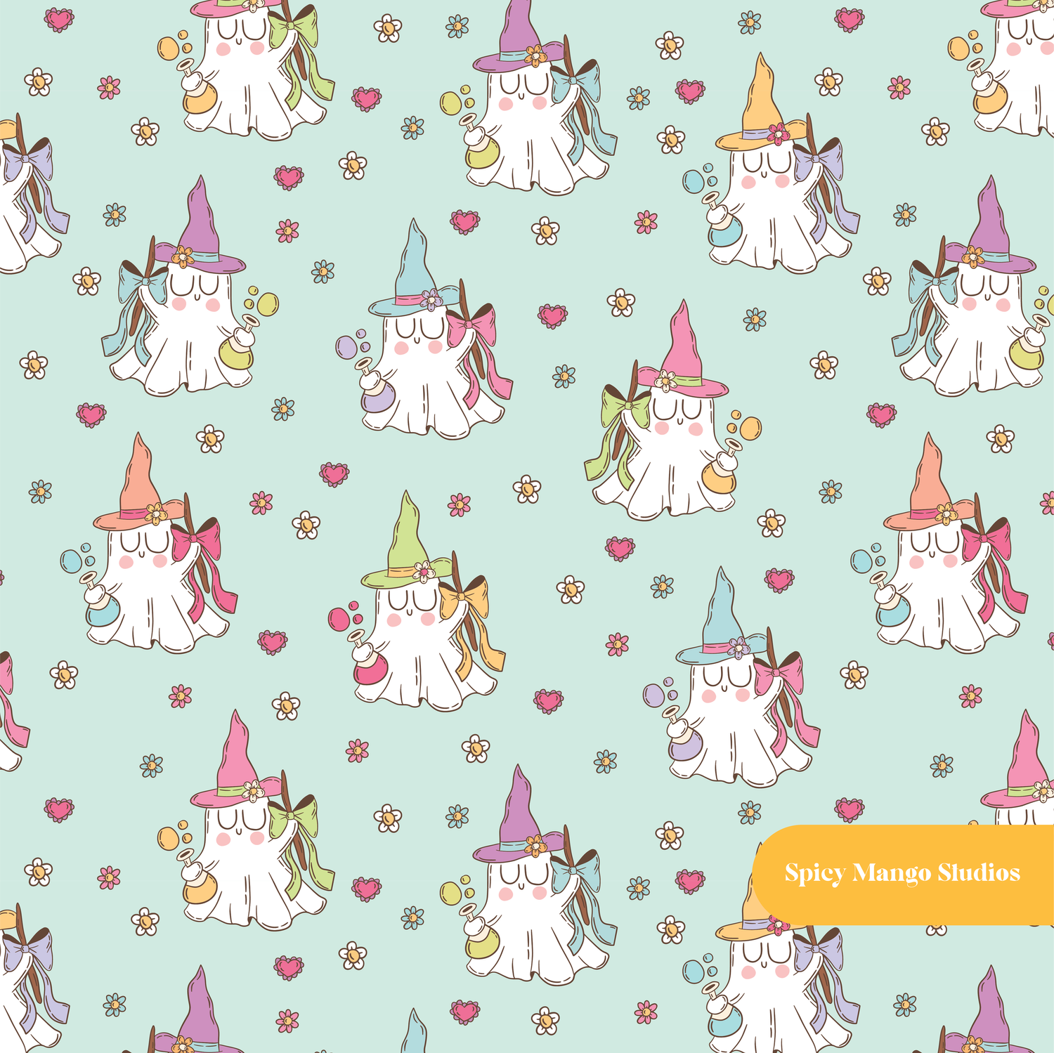 Mint Spooky Witch Seamless Pattern