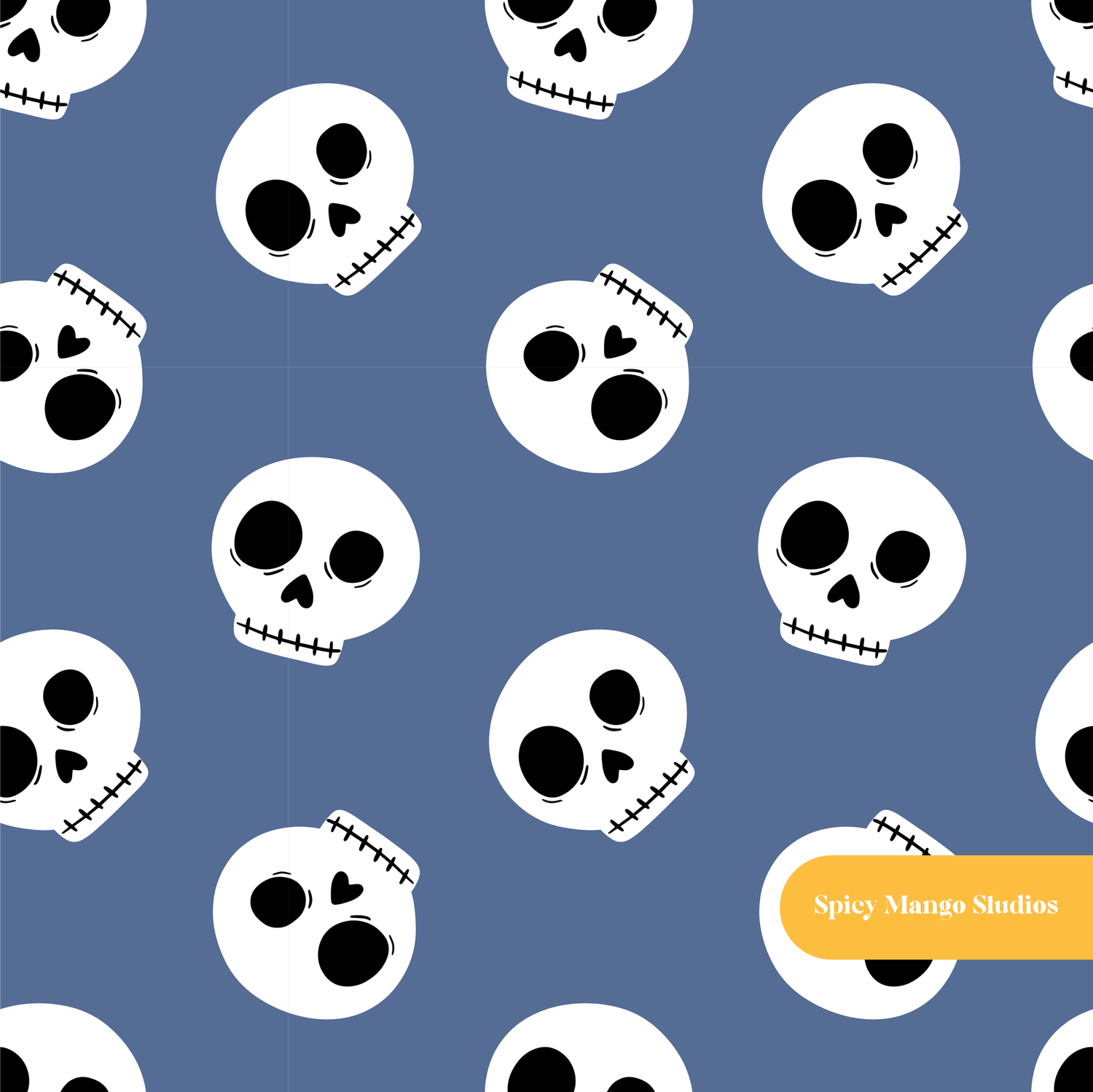 Denim Blue Spooky Skull Seamless Pattern